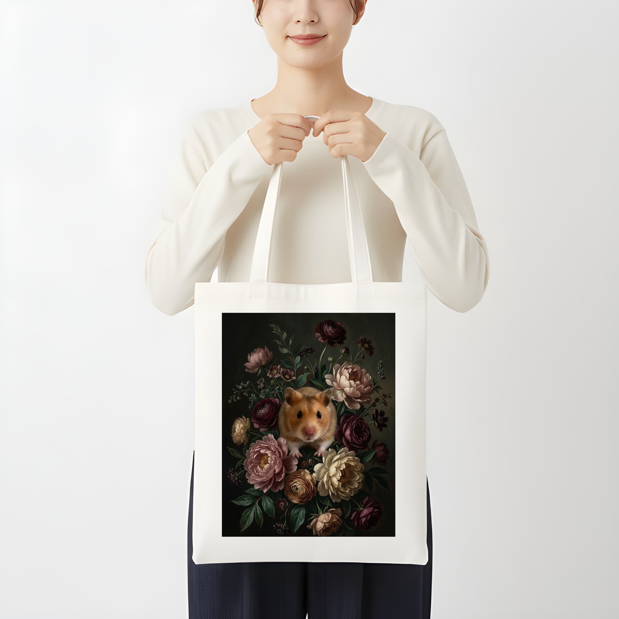 ゴールデンハムスターの花の油絵風アート花柄トートバッグ 3