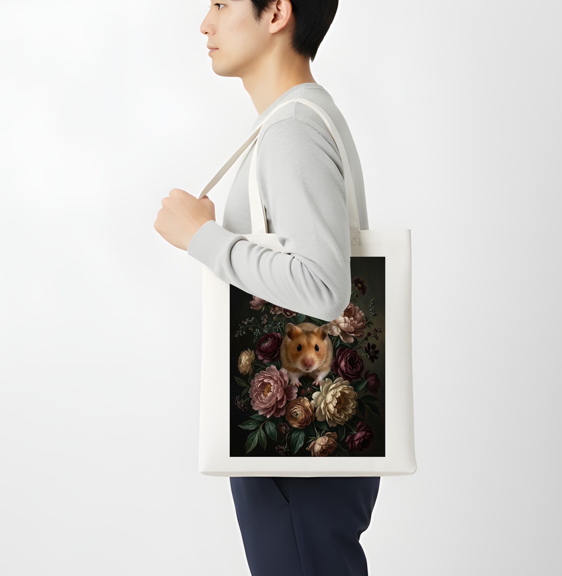 ゴールデンハムスターの花の油絵風アート花柄トートバッグ 4