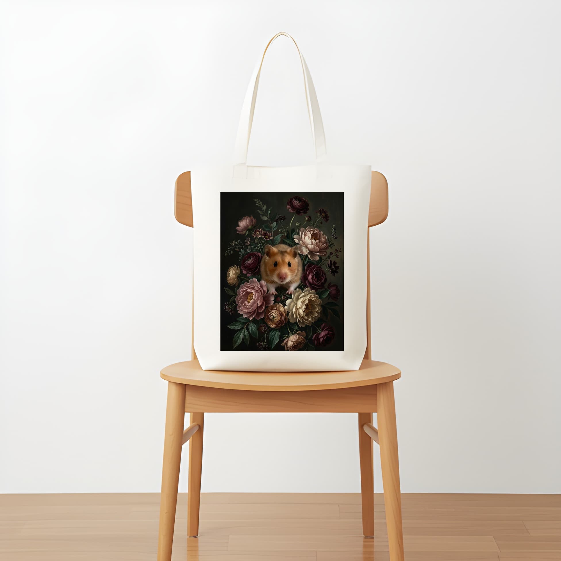 ゴールデンハムスターの花の油絵風アート花柄トートバッグ 5