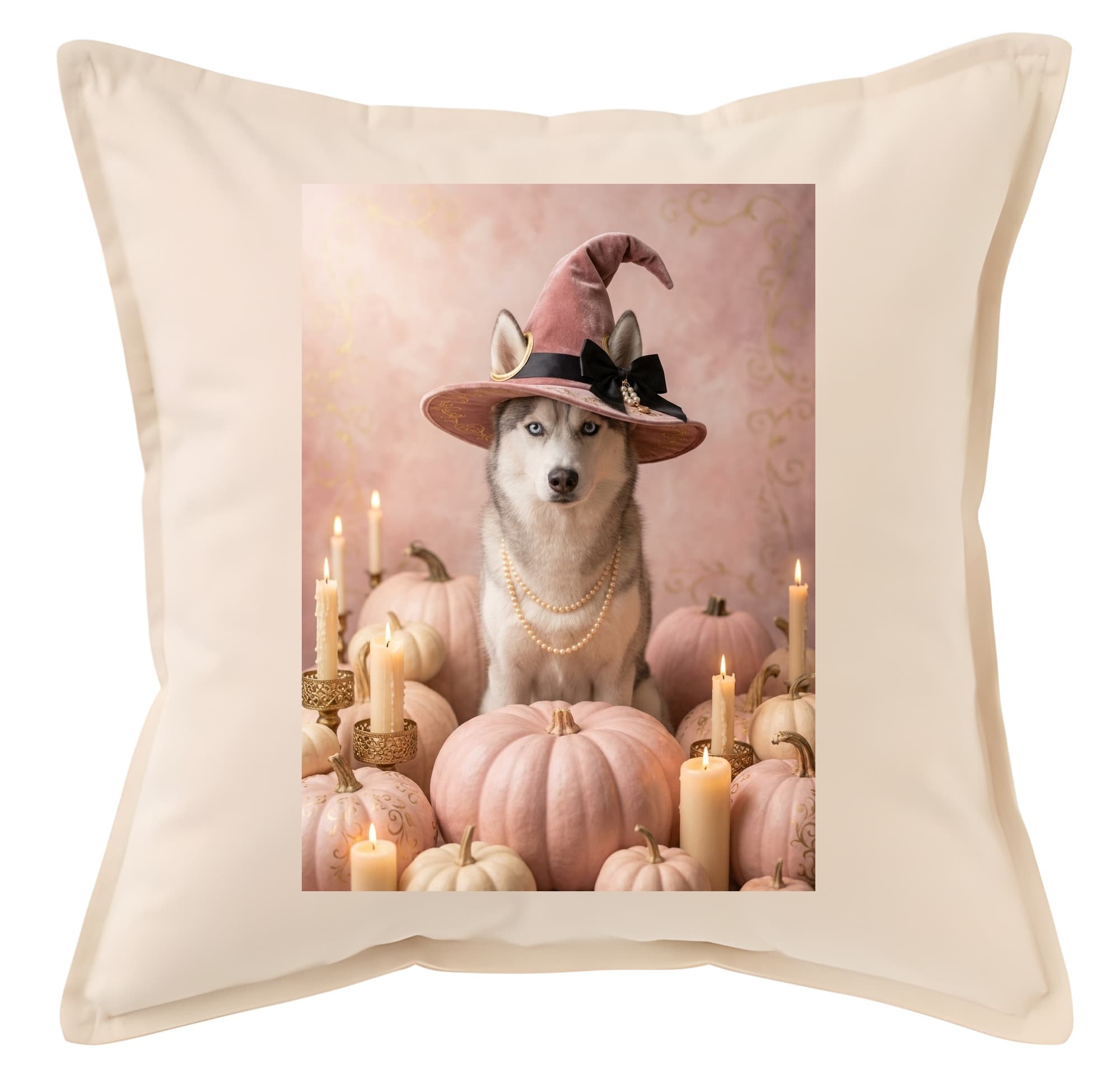 Siberian husky Pumpkin & Candlelight Oil-Painting Halloween Cushion