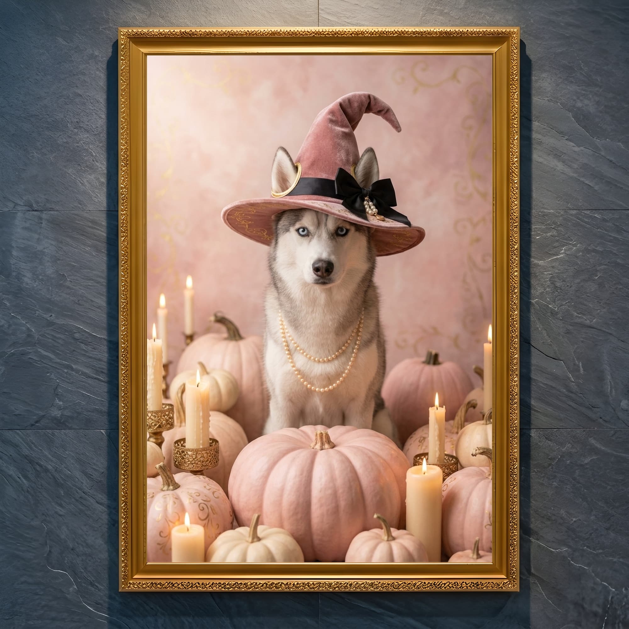 Siberian husky Pumpkin & Candlelight Oil-Painting Halloween Framed Art Print (A4 Gold)