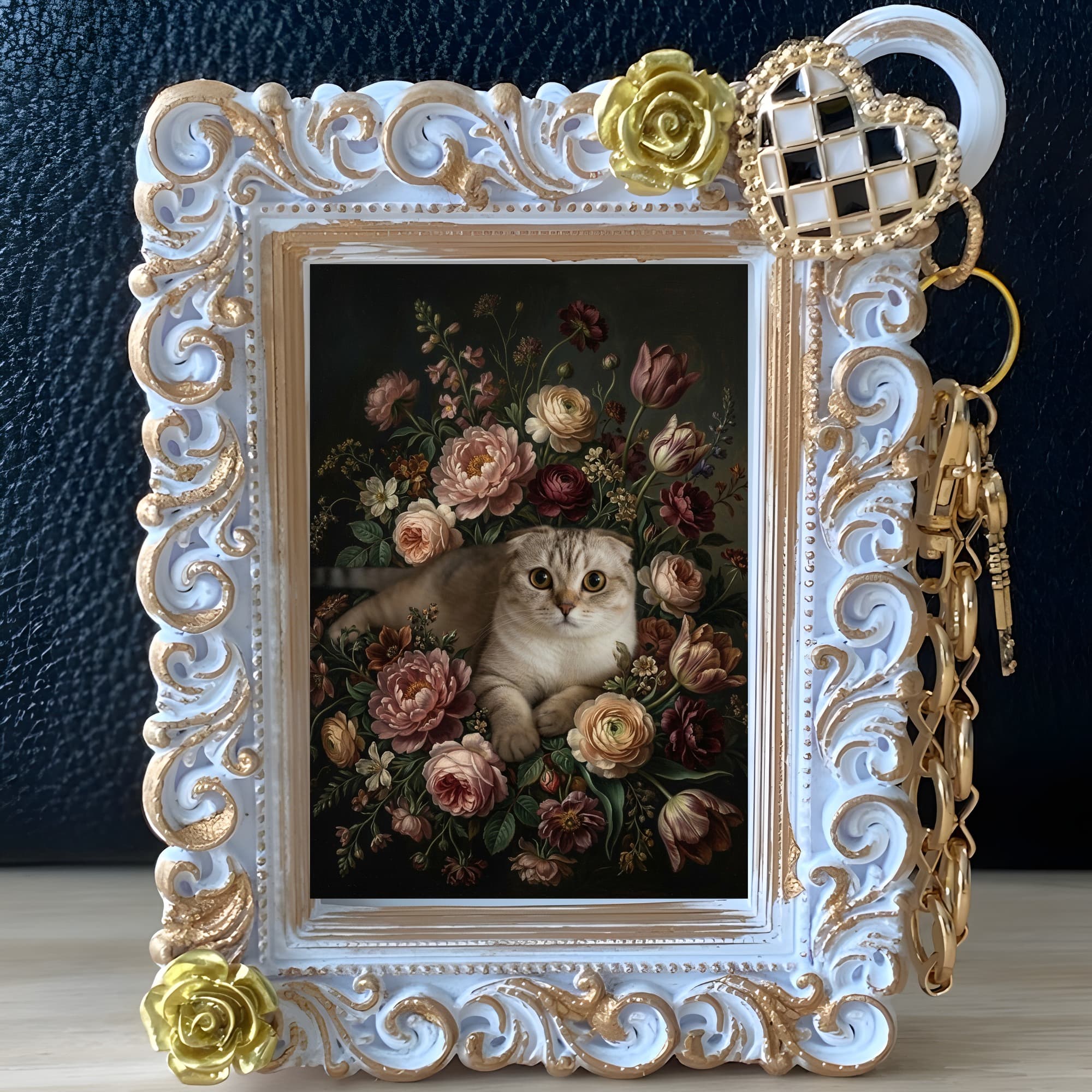 スコティッシュフォールドの花の油絵風アート花柄バッグチャーム(ホワイト) 2