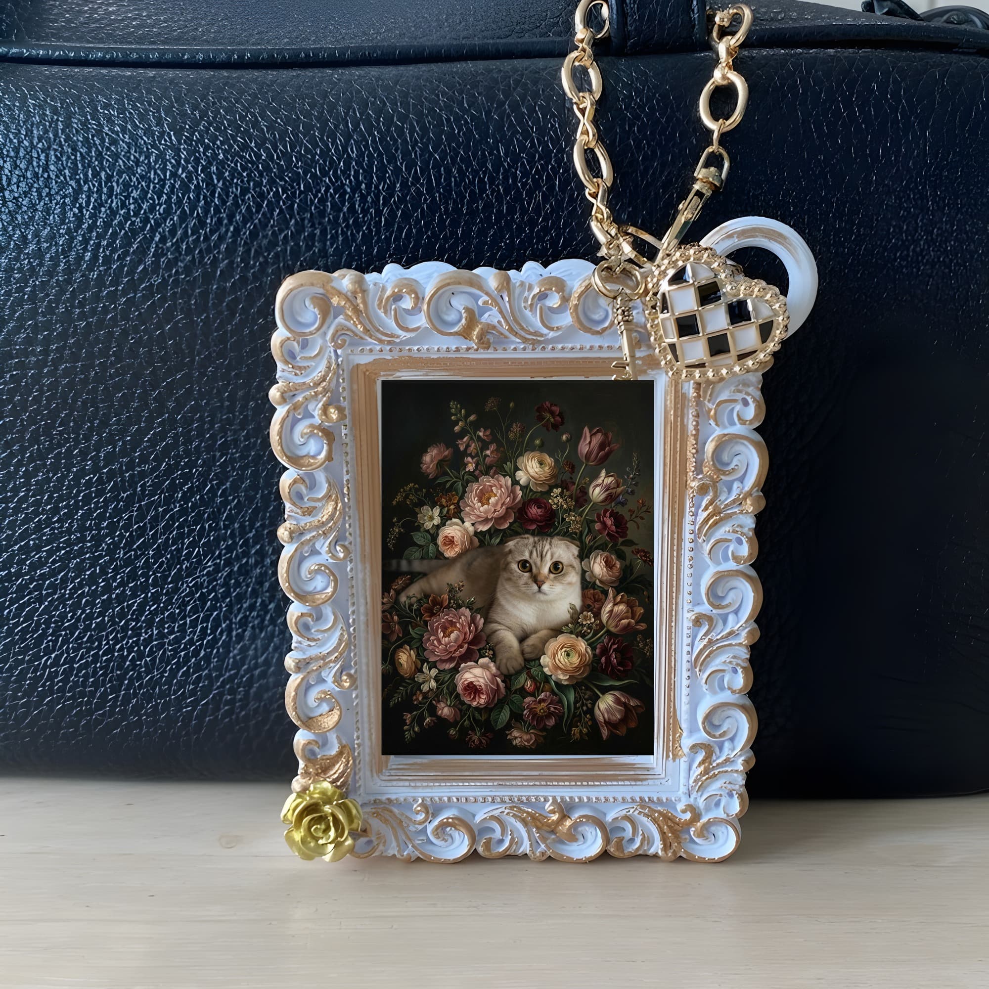 スコティッシュフォールドの花の油絵風アート花柄バッグチャーム(ホワイト) 3