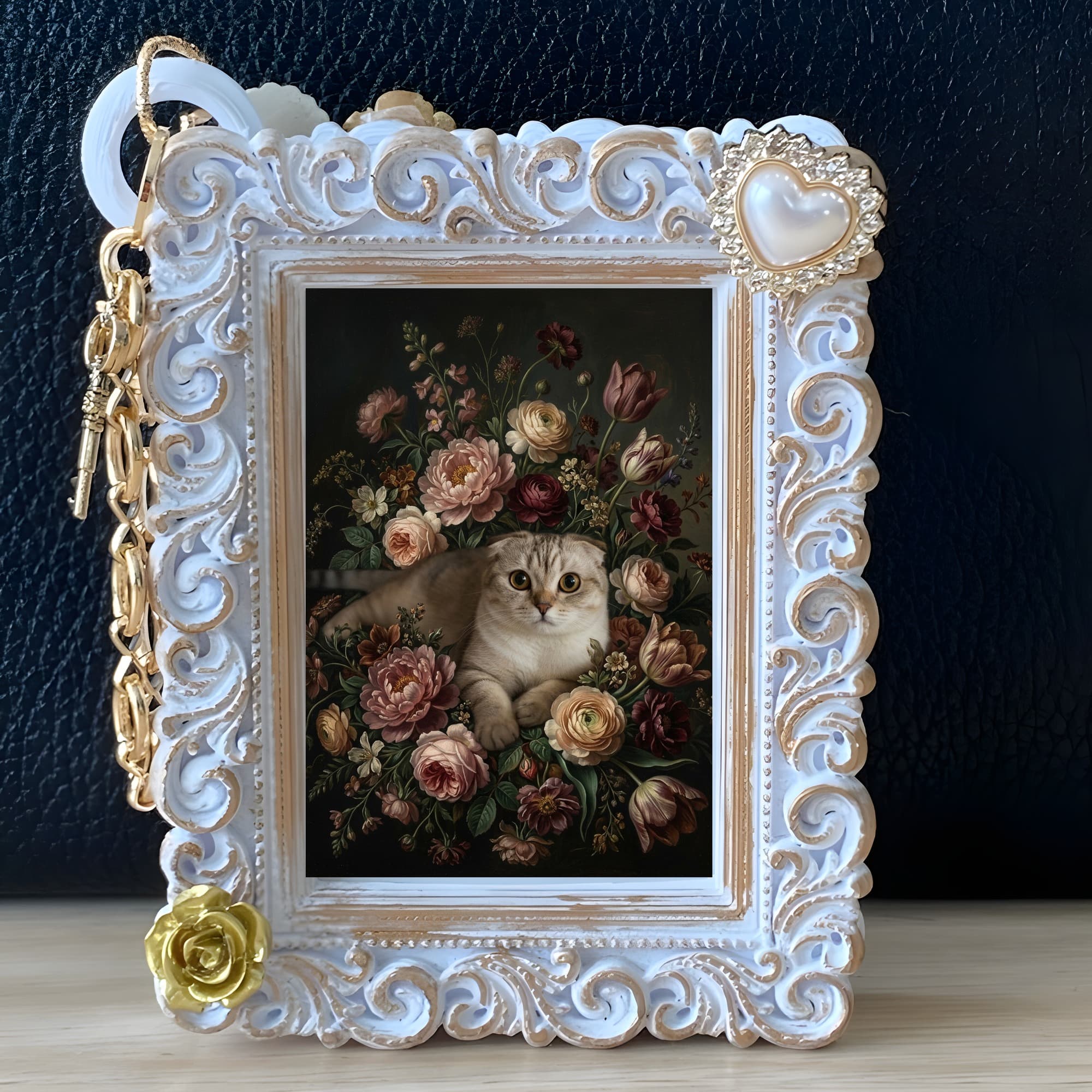 スコティッシュフォールドの花の油絵風アート花柄バッグチャーム(ホワイト) 5