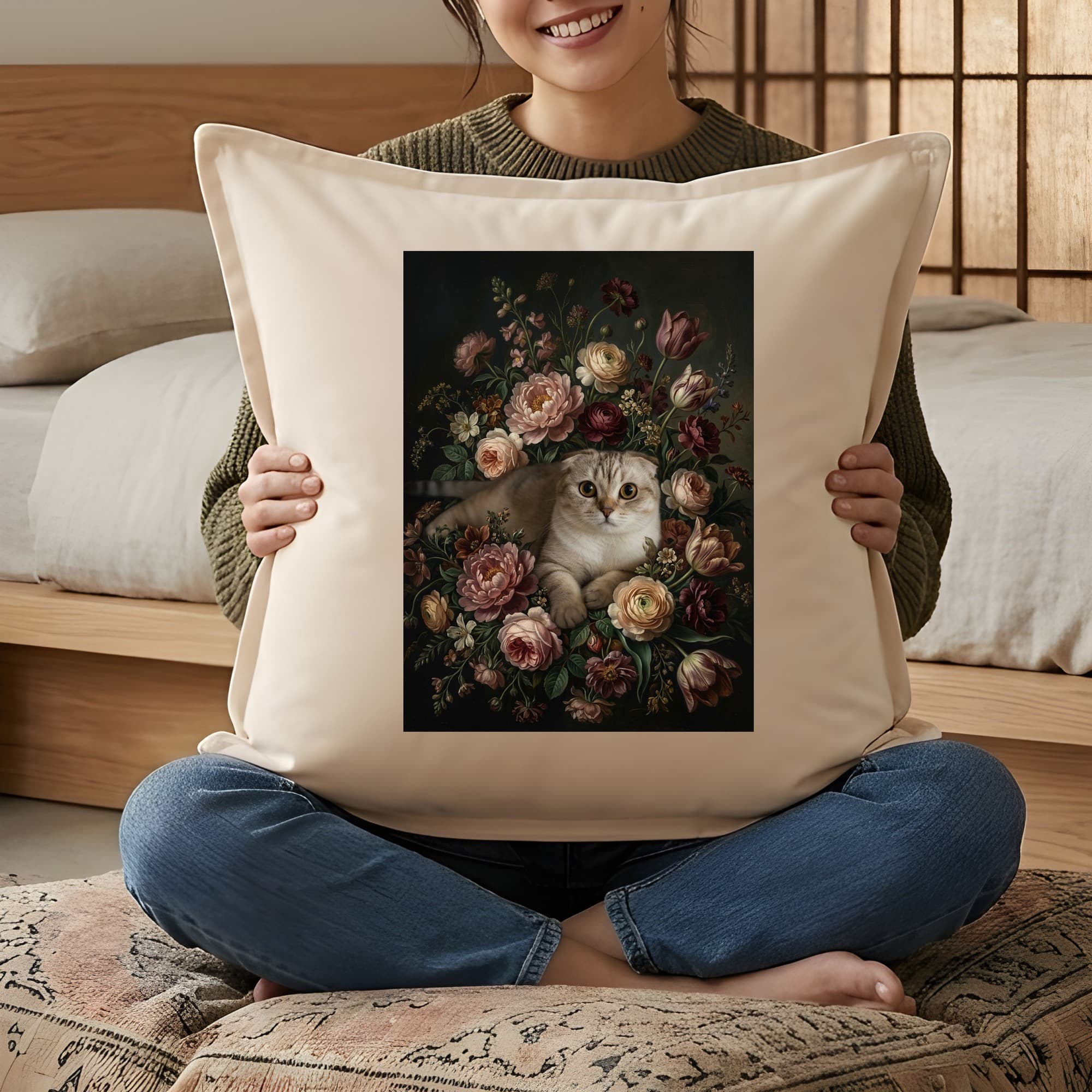 スコティッシュフォールドの花の油絵風アート花柄クッション 3