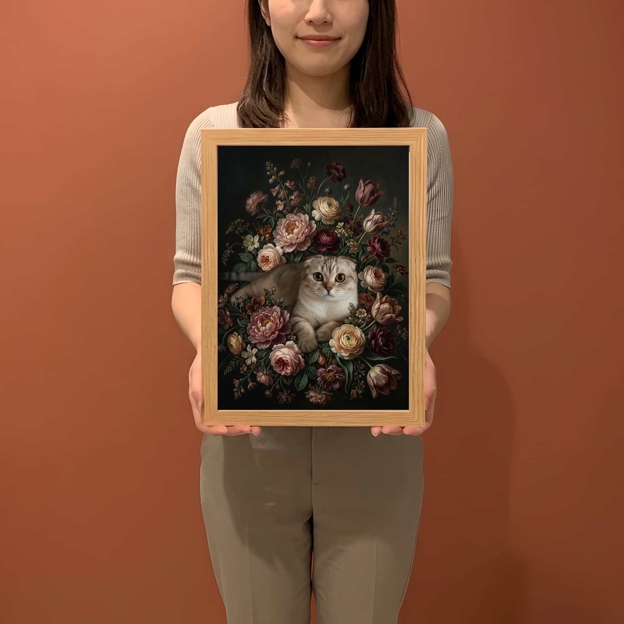 スコティッシュフォールドの花の油絵風アート花柄額装プリント(A4サイズ) 2