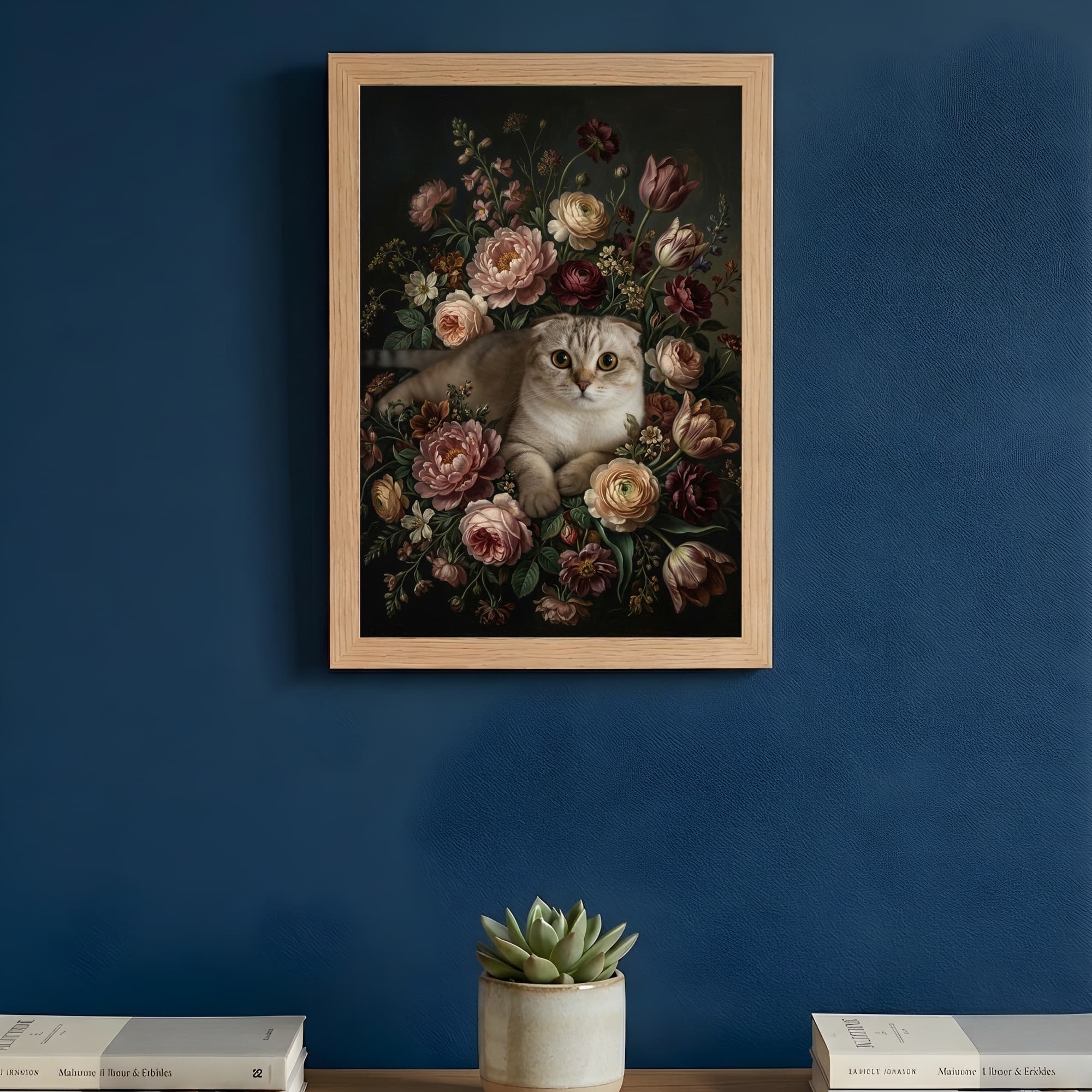 スコティッシュフォールドの花の油絵風アート花柄額装プリント(A4サイズ) 3