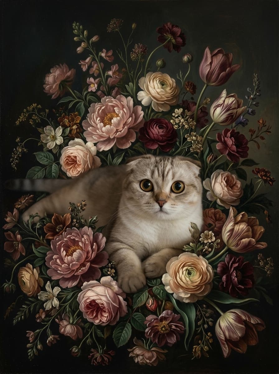 スコティッシュフォールドの花の油絵風アート花柄額装プリント(A4サイズ) 4