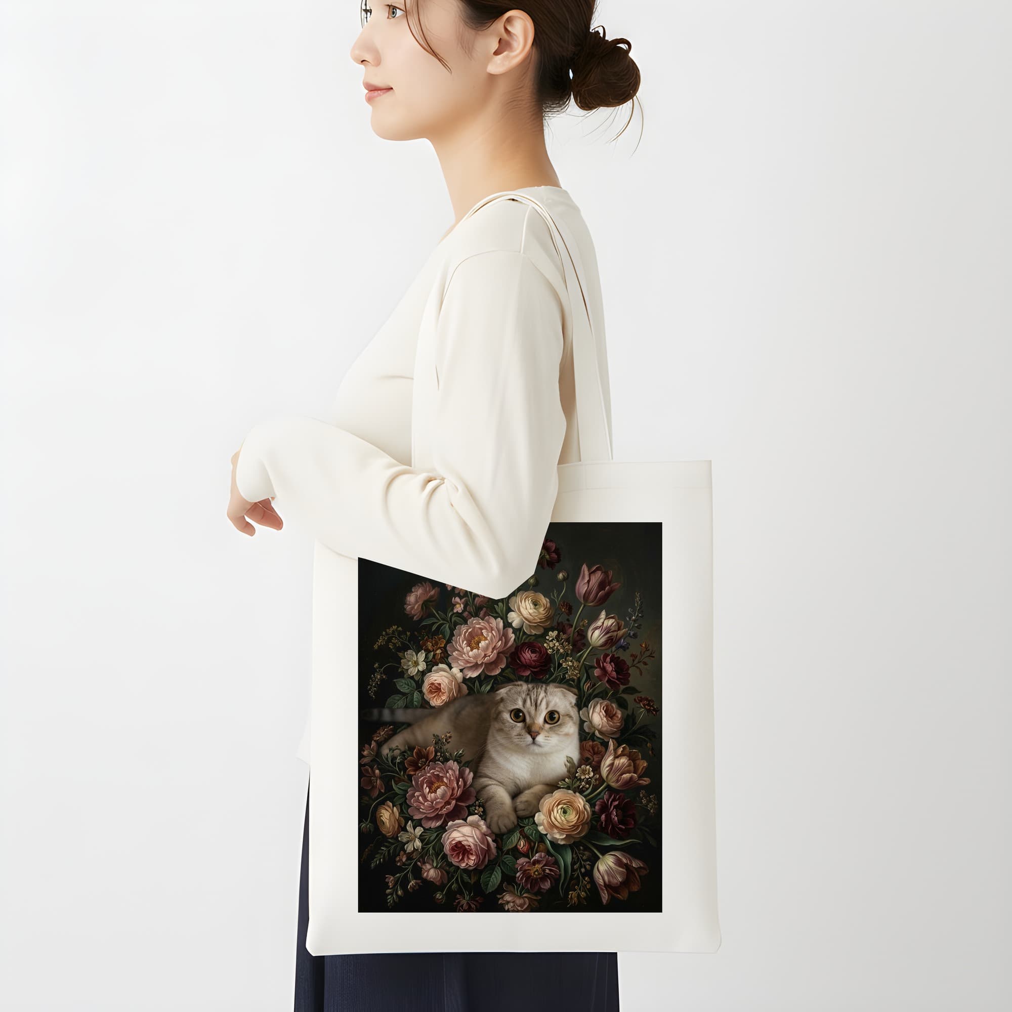 スコティッシュフォールドの花の油絵風アート花柄トートバッグ 2