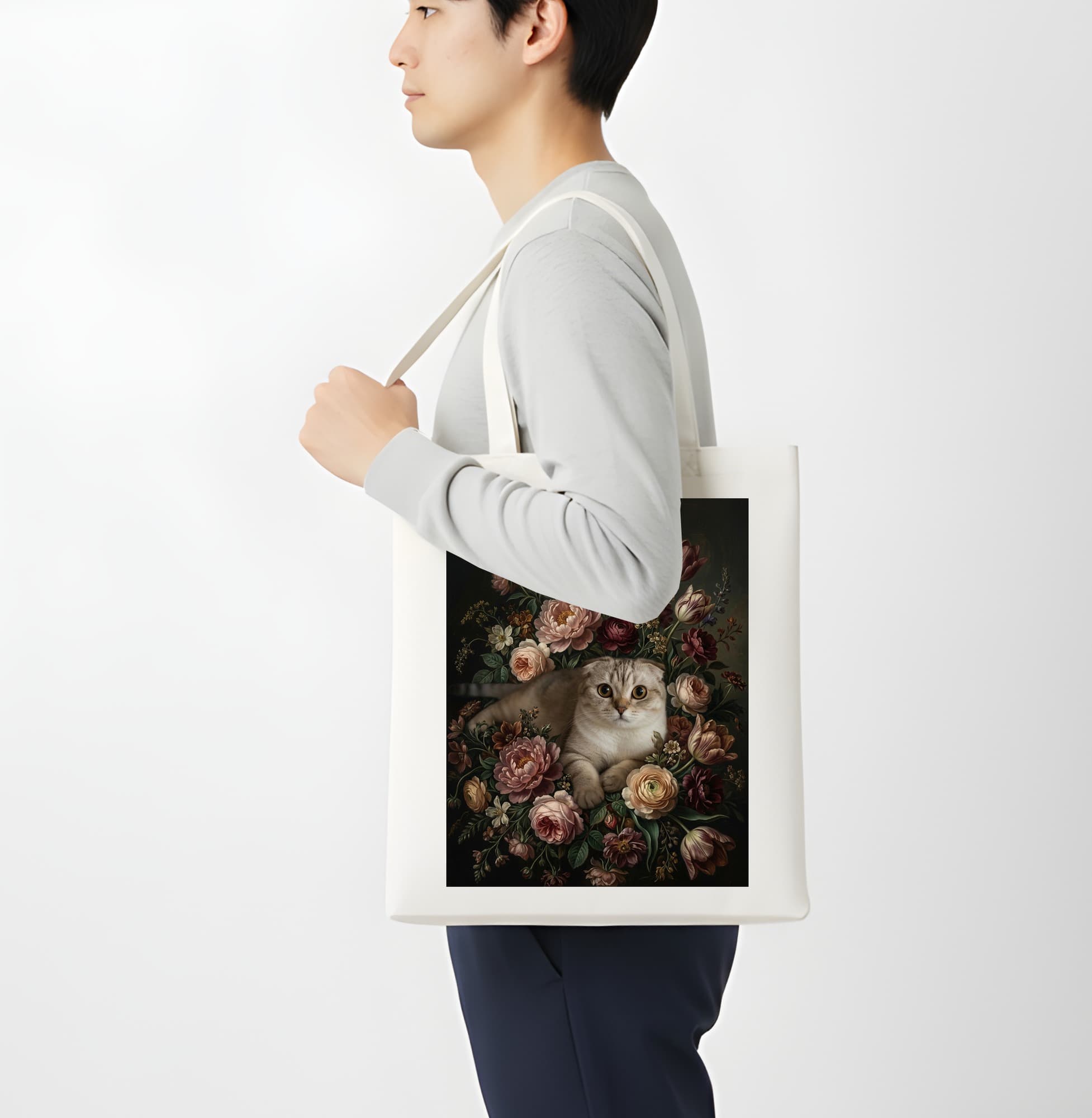 スコティッシュフォールドの花の油絵風アート花柄トートバッグ 4