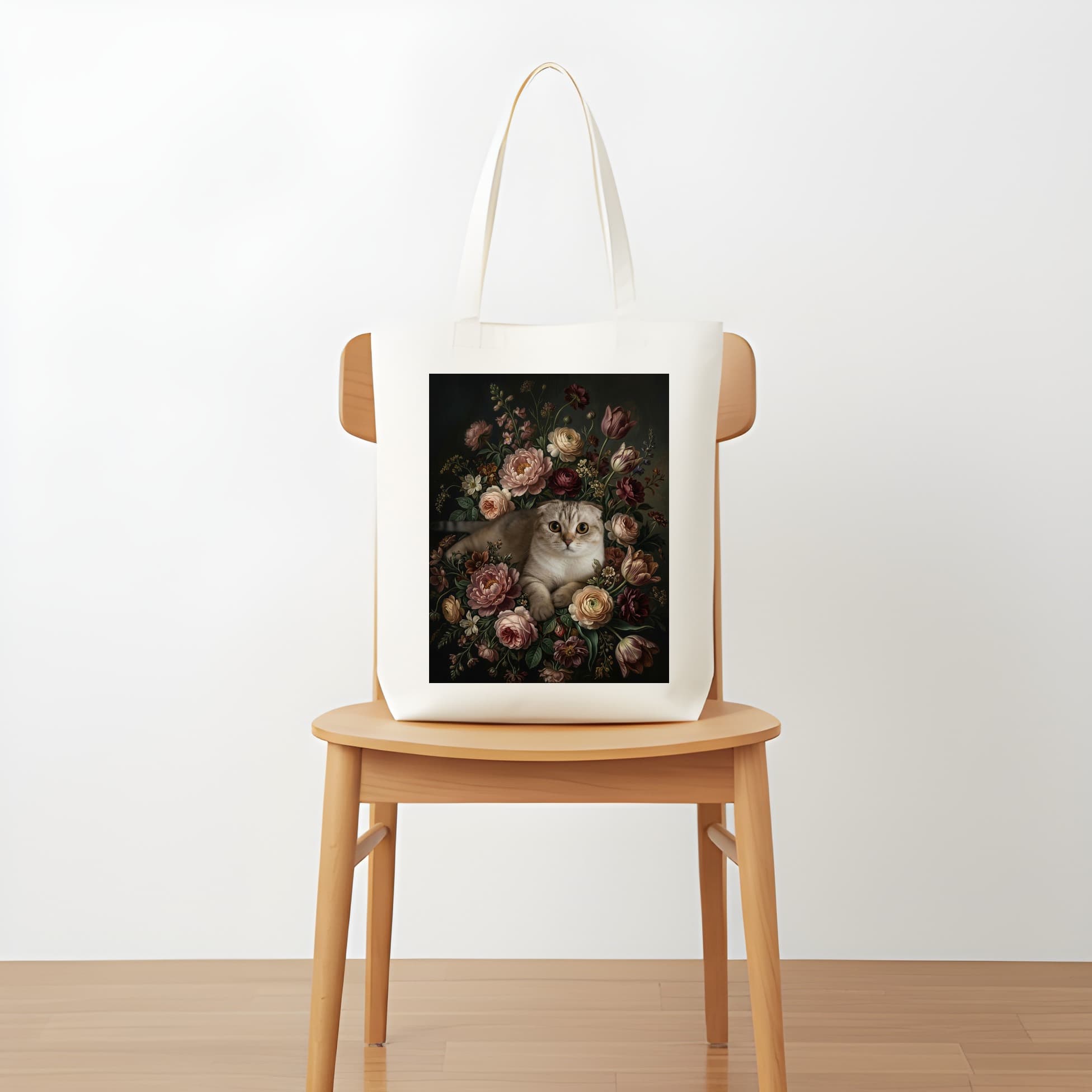 スコティッシュフォールドの花の油絵風アート花柄トートバッグ 5