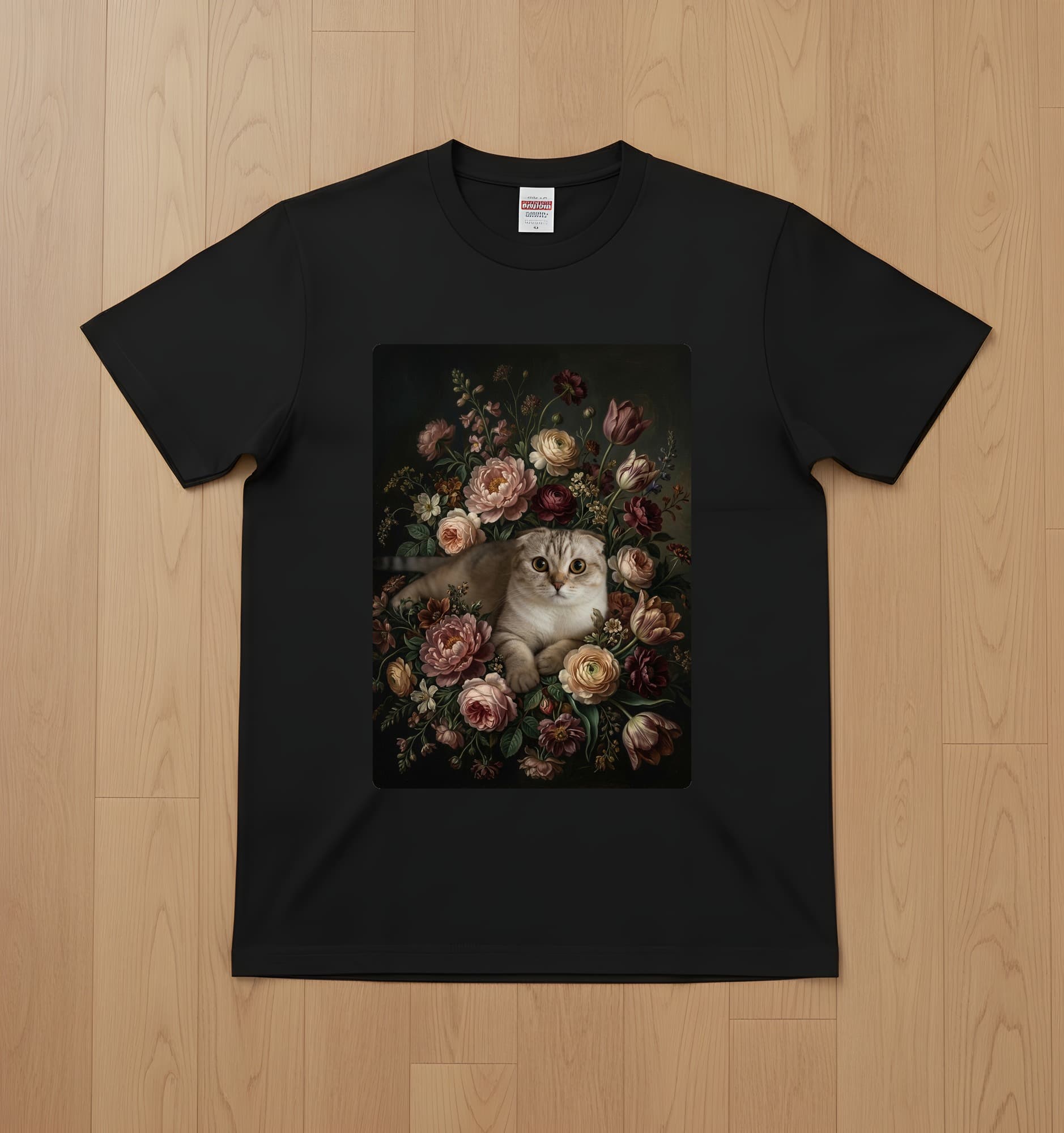 スコティッシュフォールドの花の油絵風アート花柄Tシャツ(ブラック)
