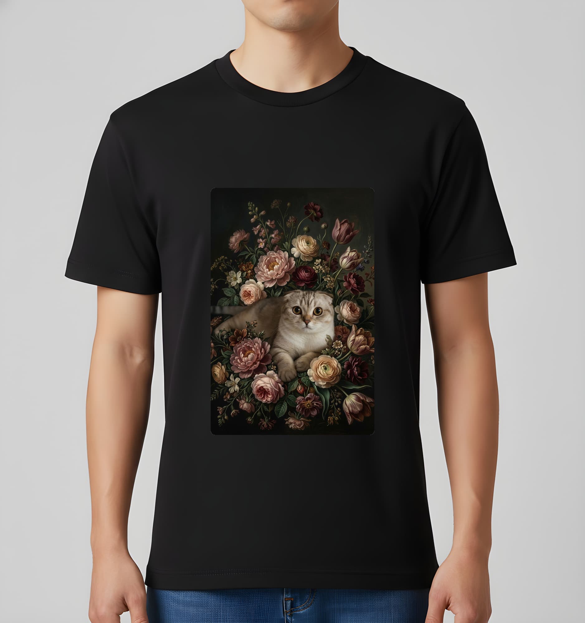 スコティッシュフォールドの花の油絵風アート花柄Tシャツ(ブラック) 3