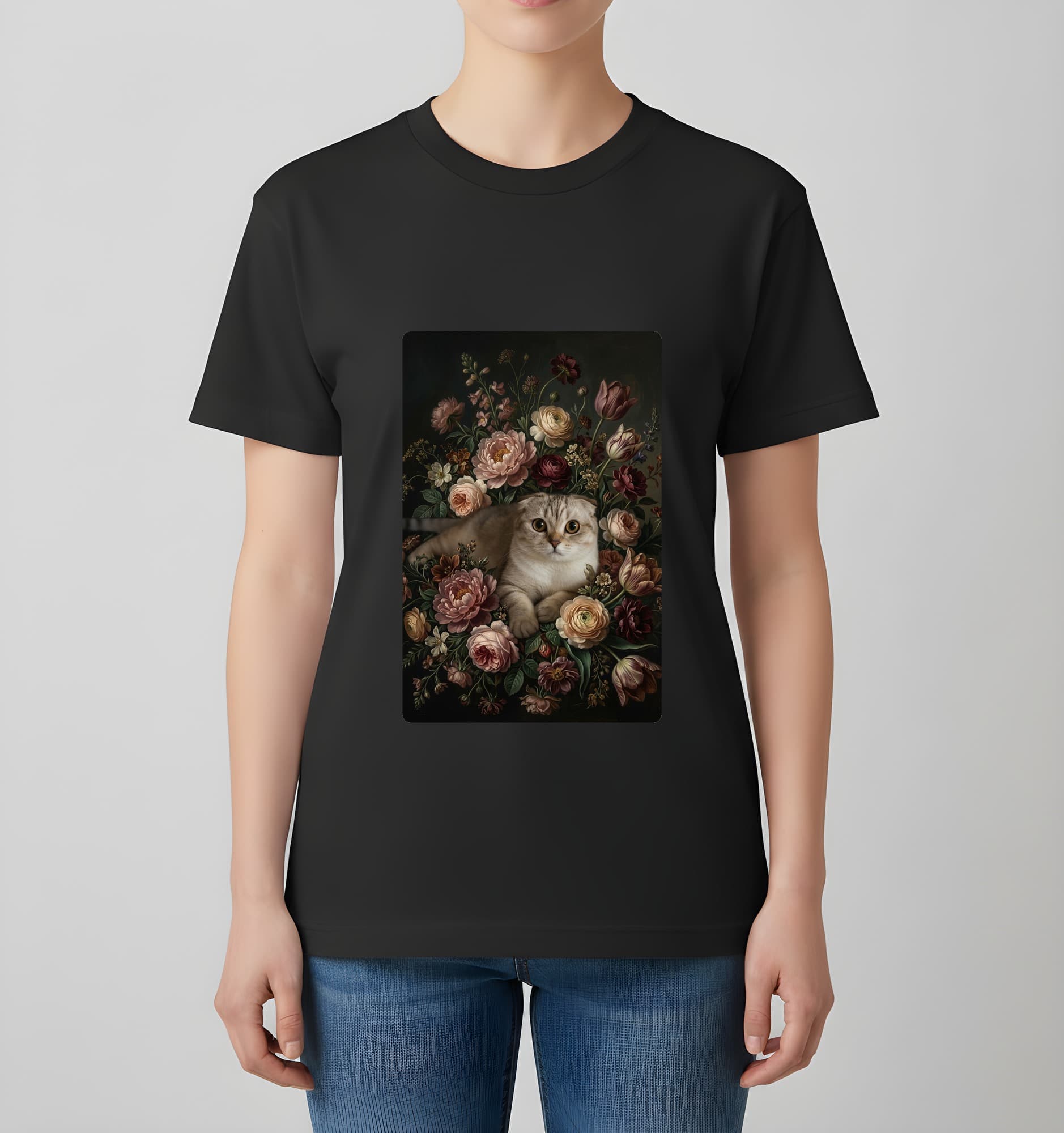 スコティッシュフォールドの花の油絵風アート花柄Tシャツ(ブラック) 4