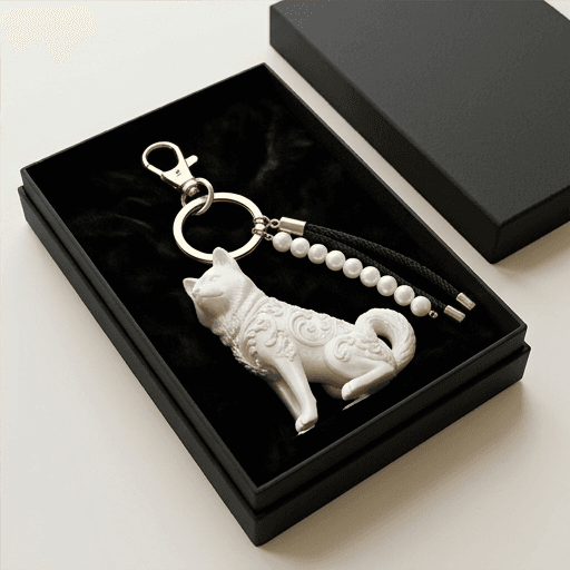 秋田犬のルネサンス肖像画キーホルダー(シルクホワイト) 4
