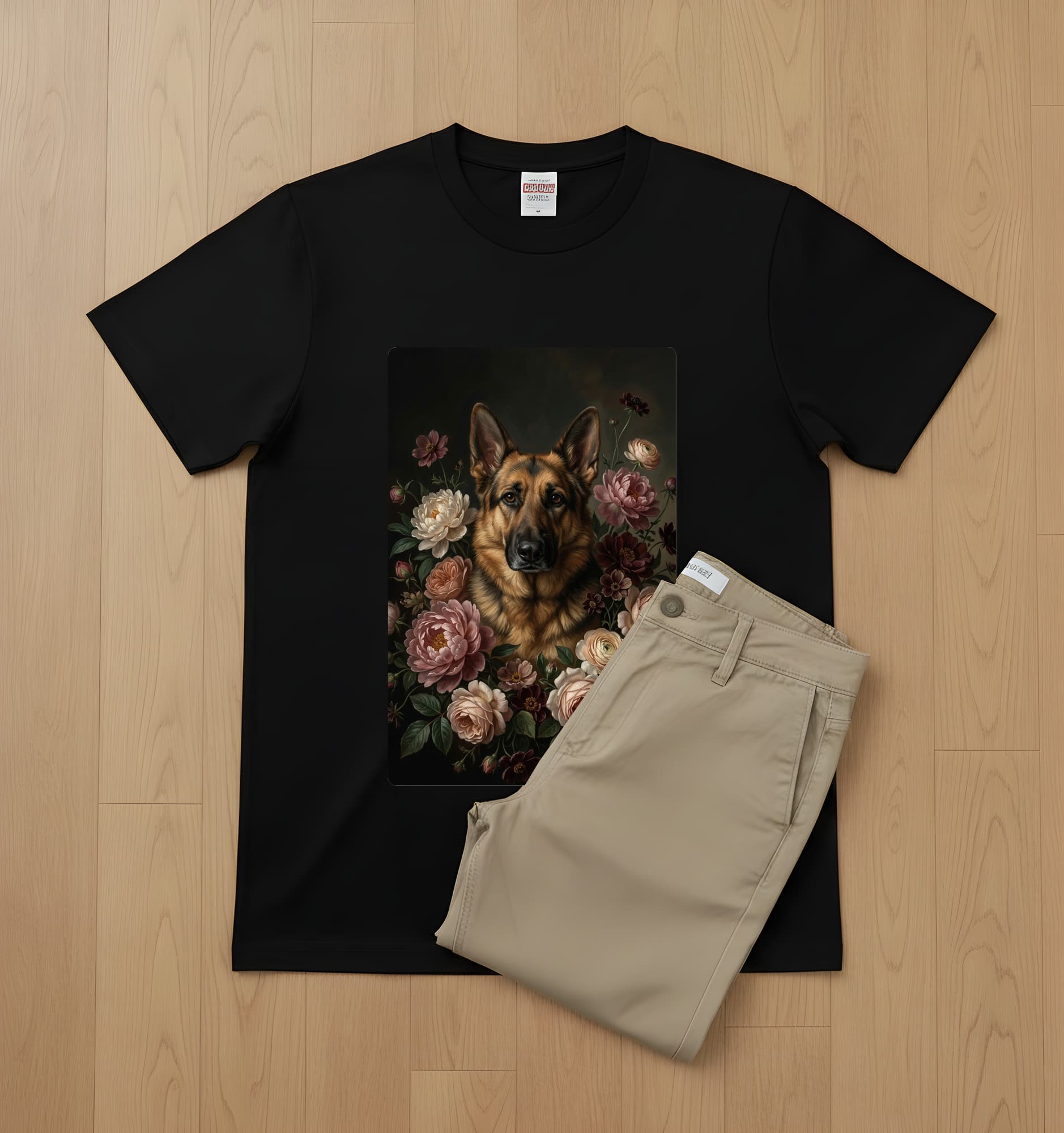 ジャーマンシェパードの花の油絵風アート花柄Tシャツ(ブラック) 2