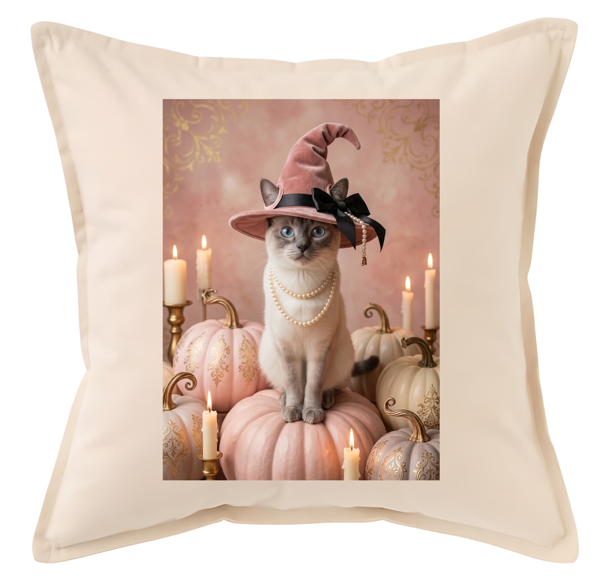 シャム猫のかぼちゃとキャンドルの油絵風アートハロウィンクッション