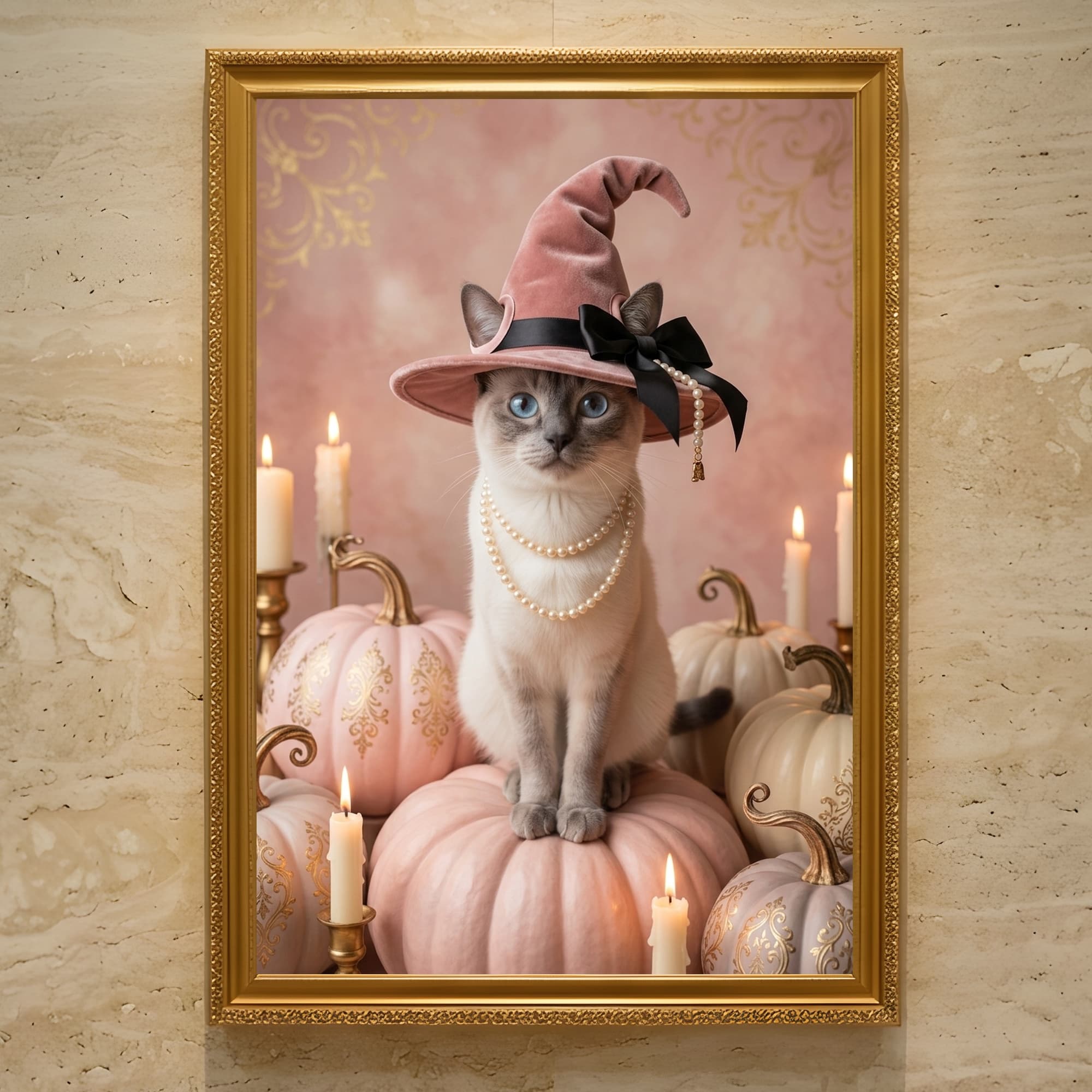 シャム猫のかぼちゃとキャンドルの油絵風アートハロウィン額装プリント(A3サイズ)