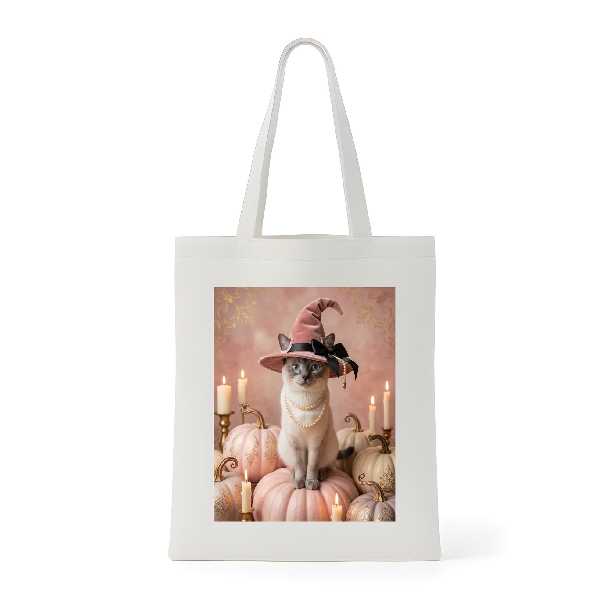 Siamese Pumpkin & Candlelight Oil-Painting Halloween Tote Bag
