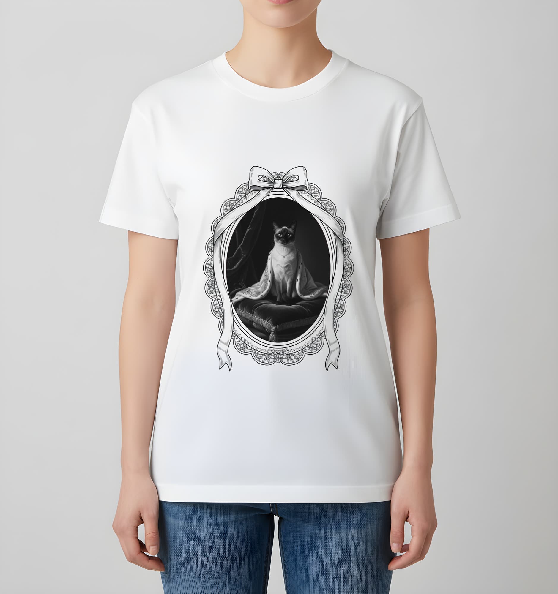 バリニーズのルネサンス肖像画Tシャツ(ホワイト・モノクロプリント・額縁デザインあり) 4