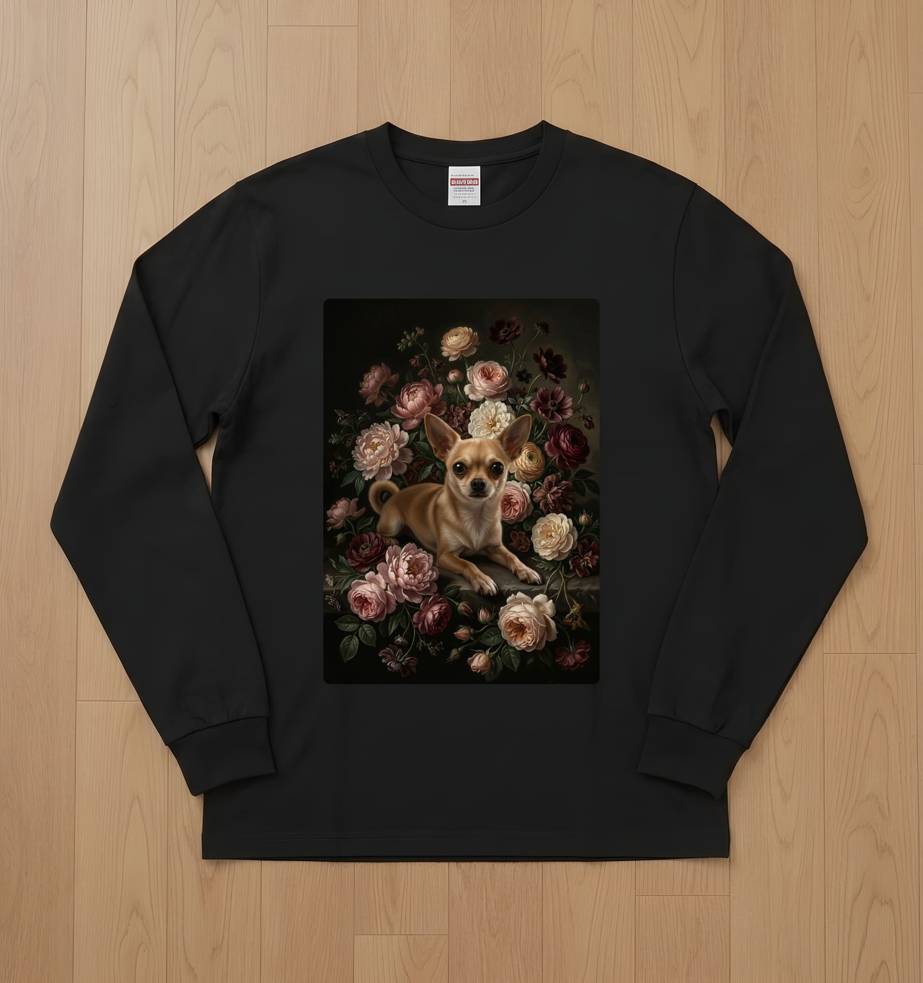 chihuahua Floral Oil-Painting Floral Long Sleeve T-Shirt (Black)