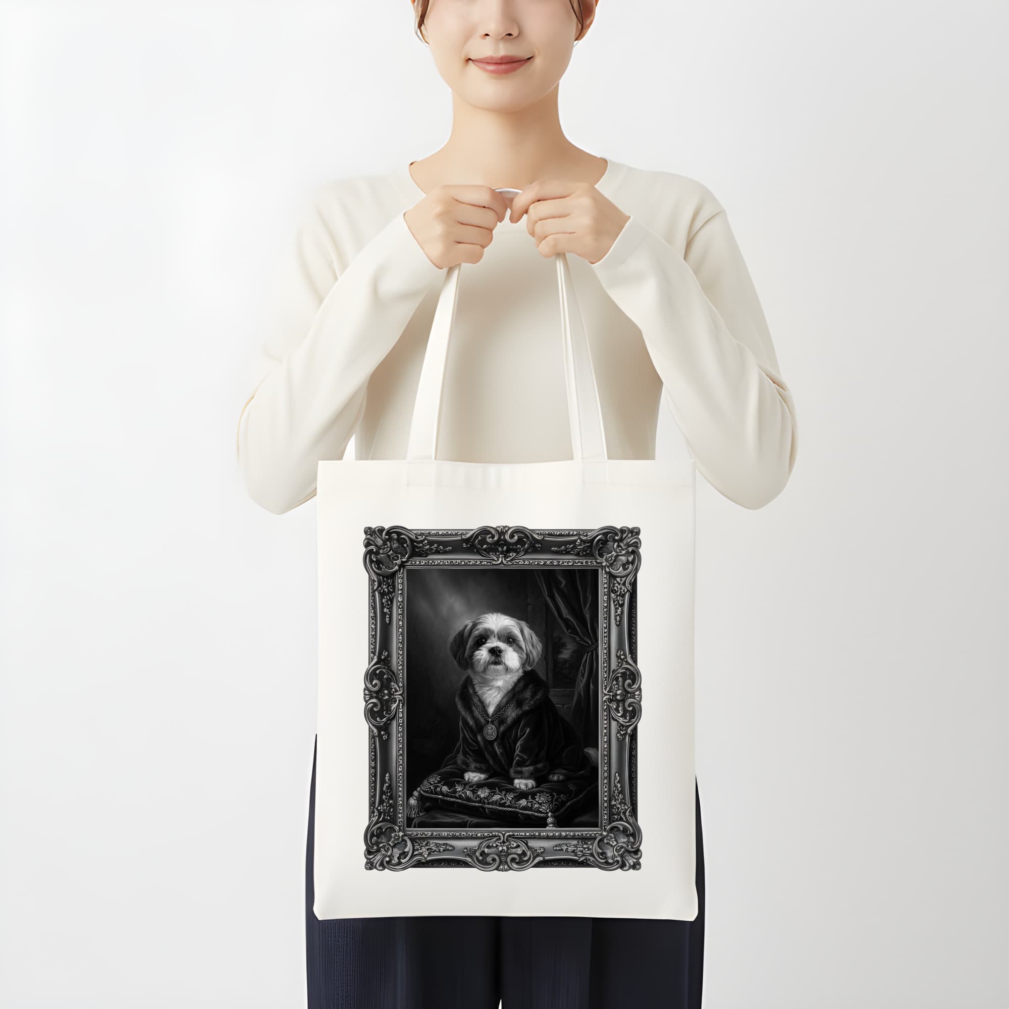 シーズーのルネサンス肖像画トートバッグ(モノクロプリント・額縁デザインあり) 3