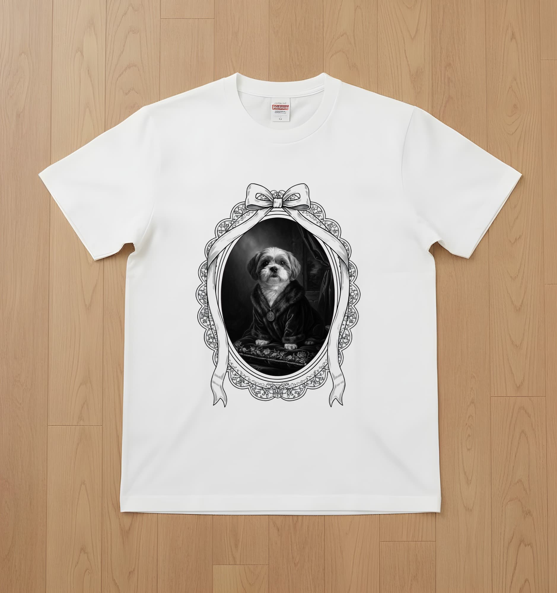 Shih Tzu Renaissance Portrait T-Shirt (White, Monochrome Print, Framed Design)