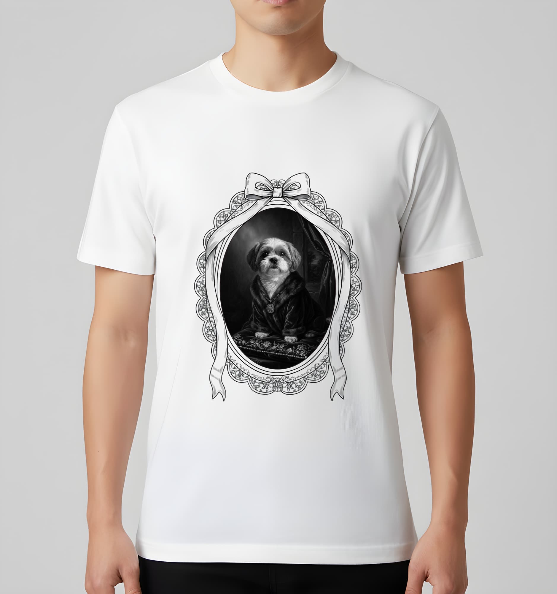 Shih Tzu Renaissance Portrait T-Shirt (White, Monochrome Print, Framed Design) 3