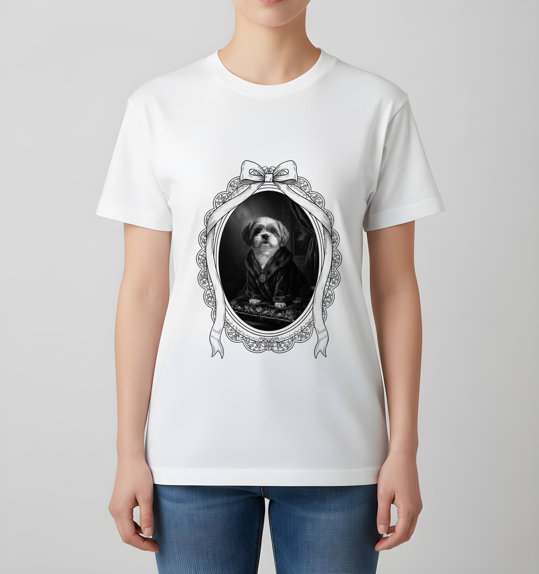 Shih Tzu Renaissance Portrait T-Shirt (White, Monochrome Print, Framed Design) 4