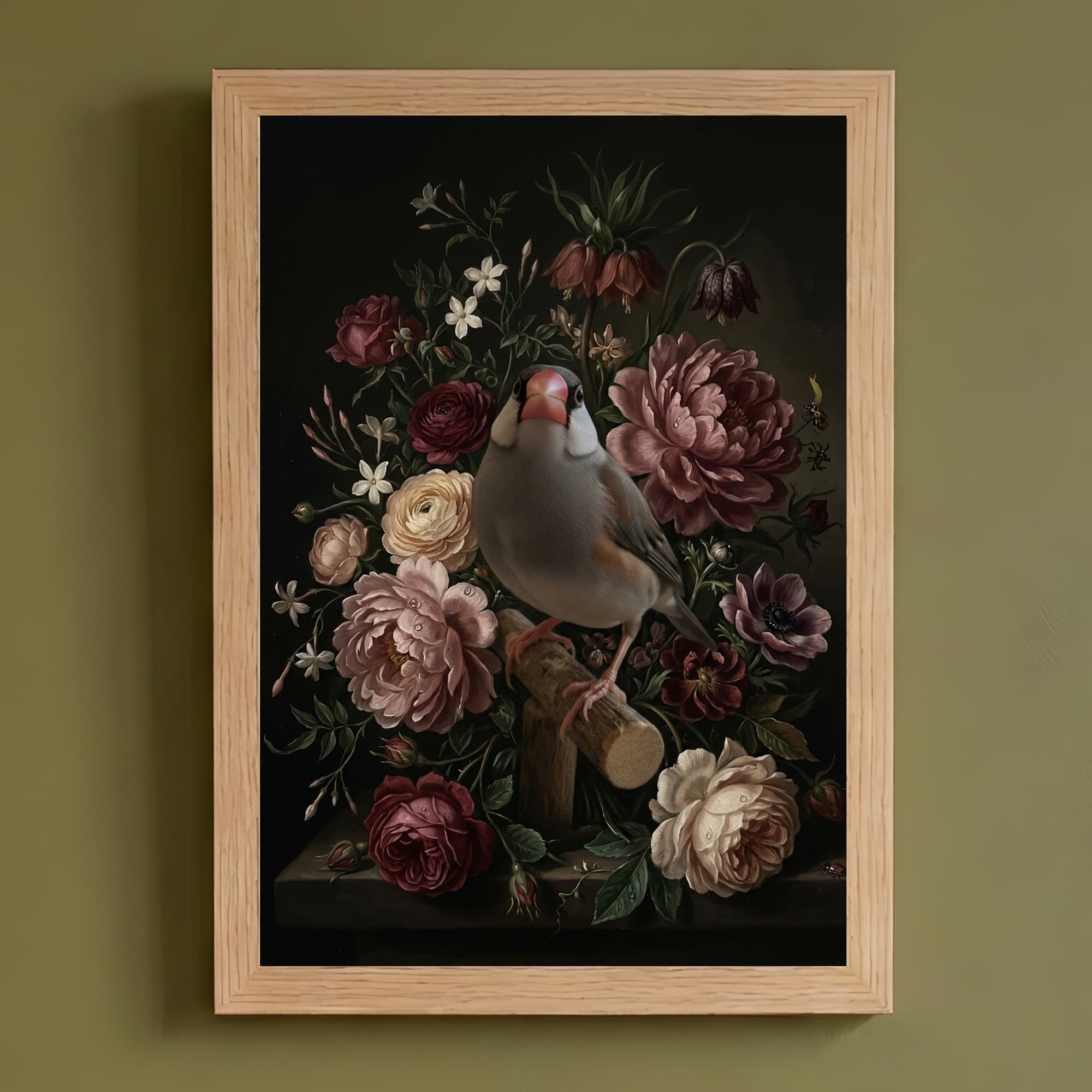 Java sparrow Floral Oil-Painting Floral Framed Art Print (A4)