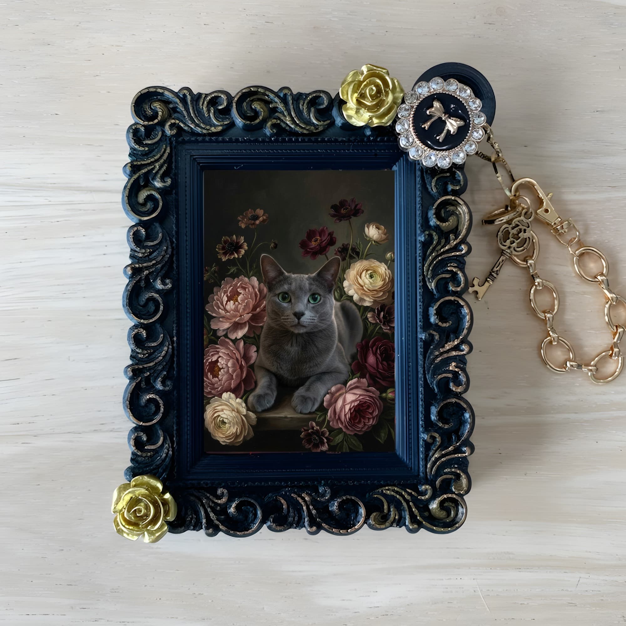 Russian Blue Floral Oil-Painting Floral Bag Charm (Black)