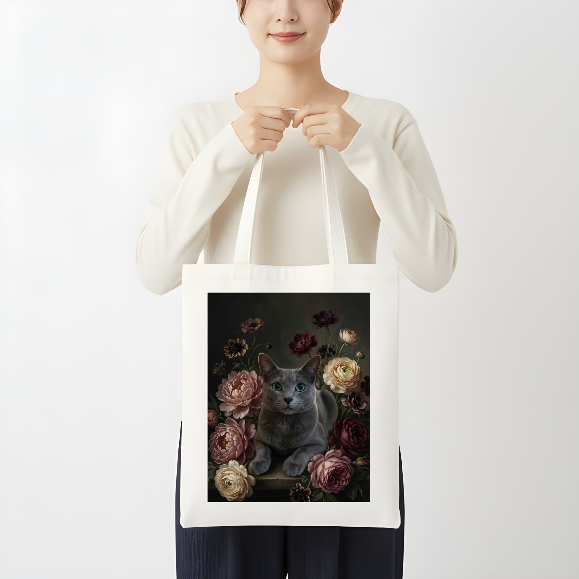 ロシアンブルーの花の油絵風アート花柄トートバッグ 3