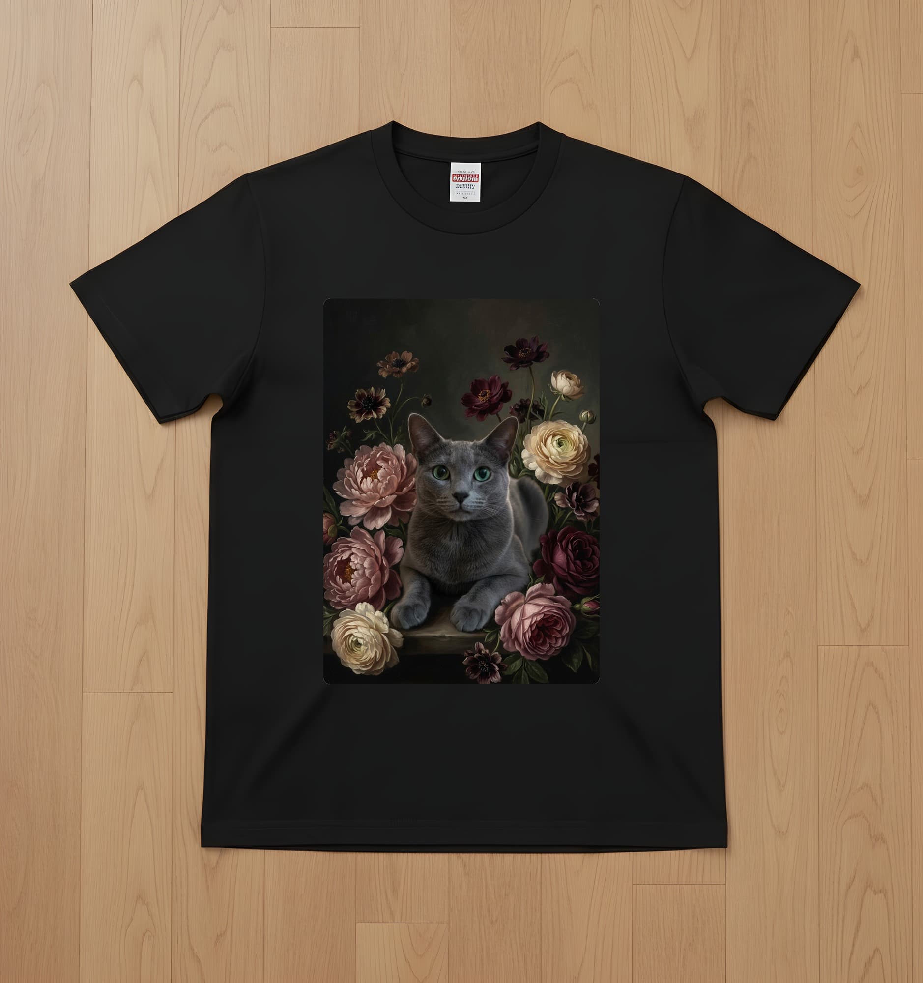 ロシアンブルーの花の油絵風アート花柄Tシャツ(ブラック)