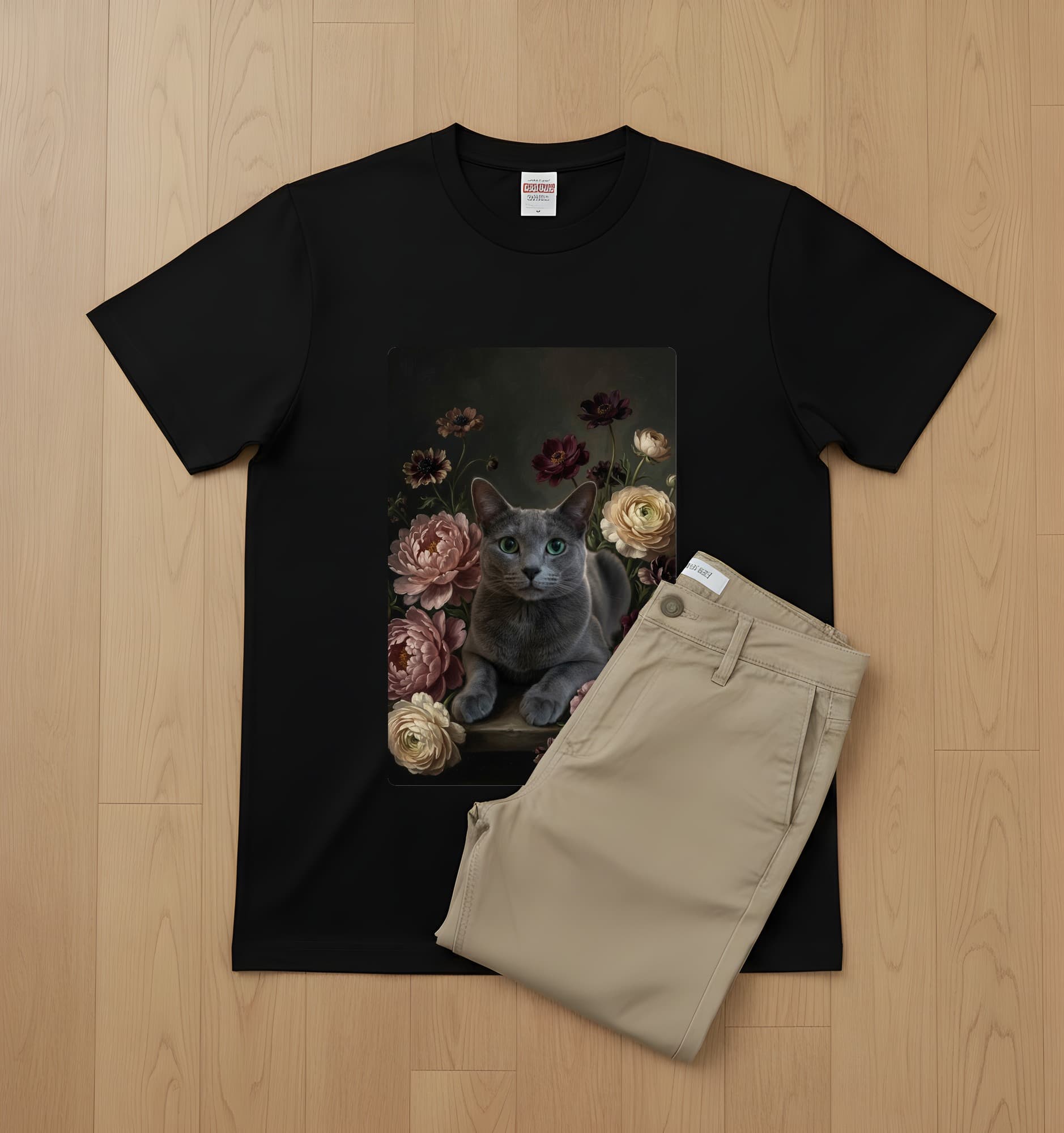 ロシアンブルーの花の油絵風アート花柄Tシャツ(ブラック) 2