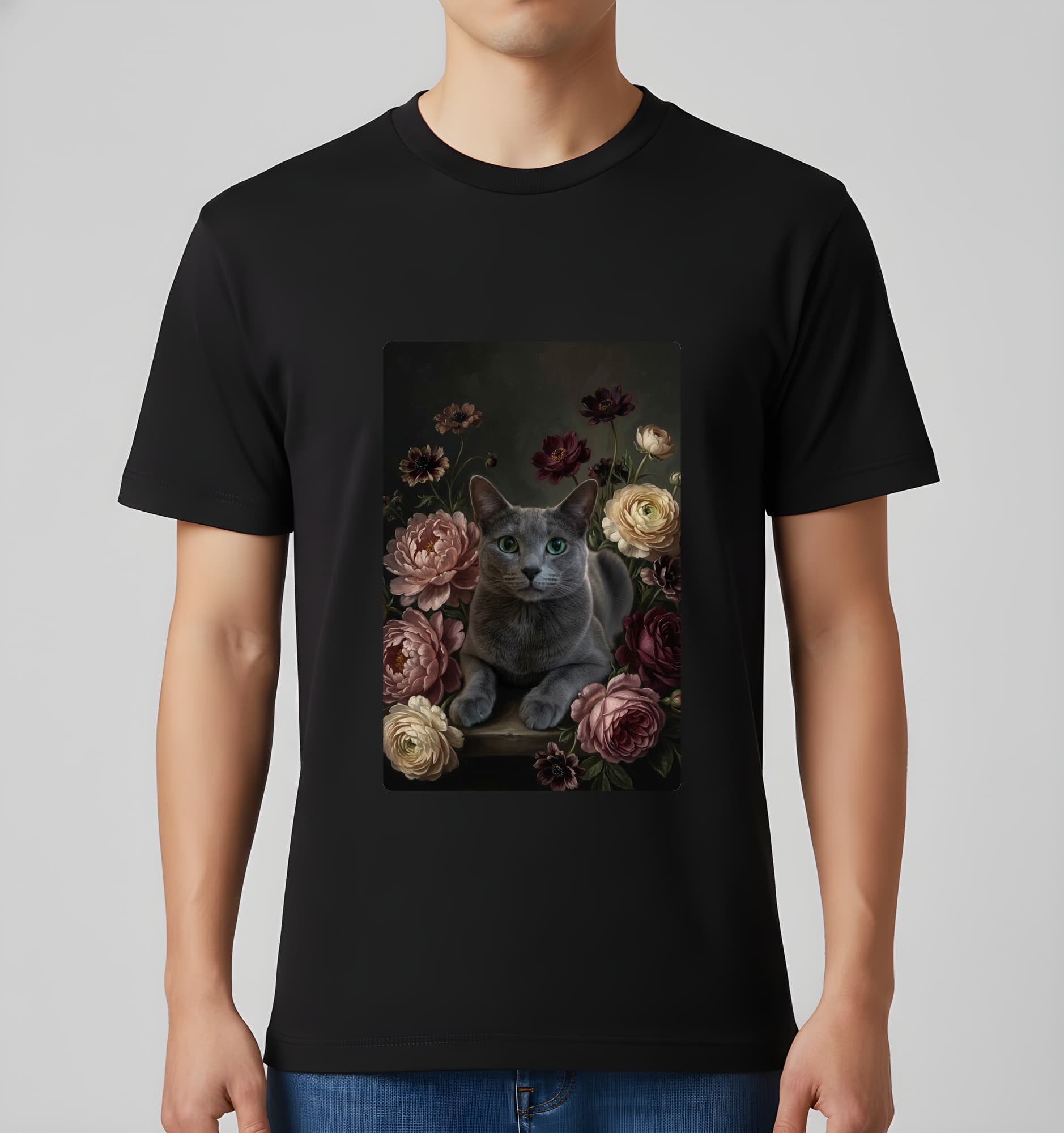 ロシアンブルーの花の油絵風アート花柄Tシャツ(ブラック) 3