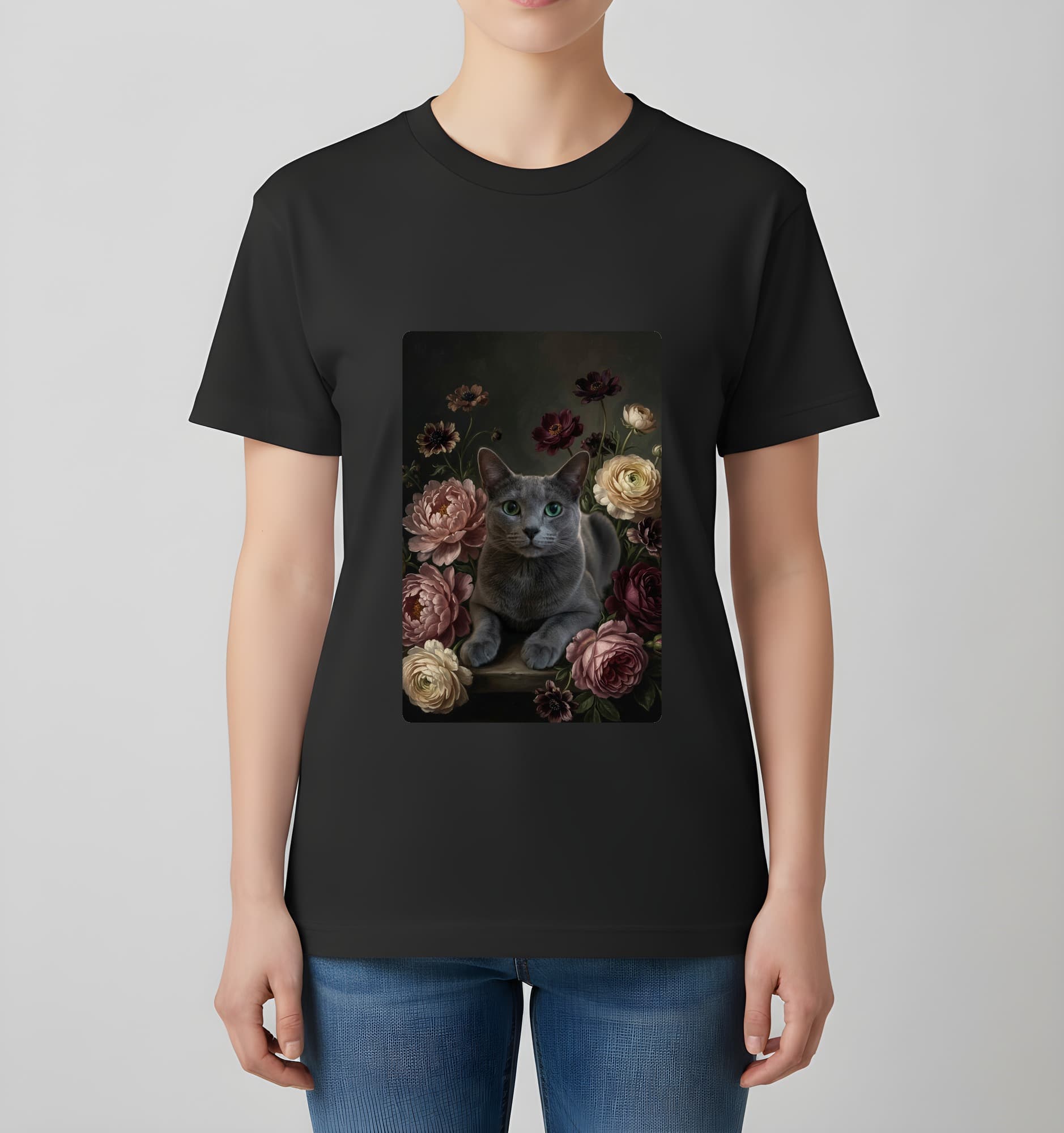 ロシアンブルーの花の油絵風アート花柄Tシャツ(ブラック) 4