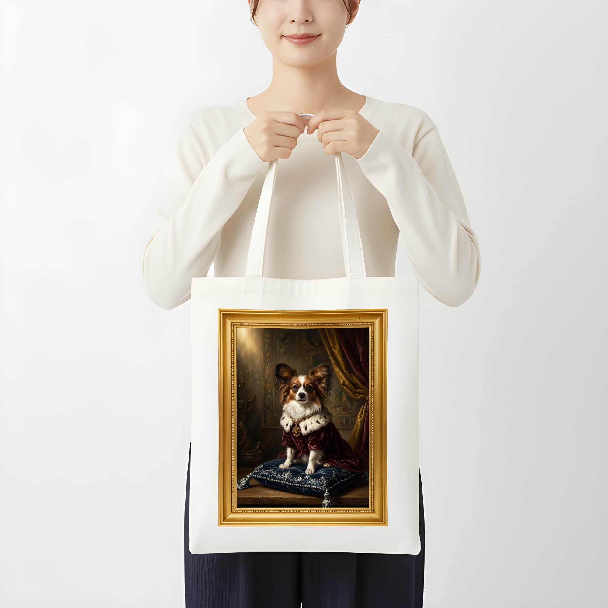 パピヨンのルネサンス肖像画トートバッグ(モノクロプリント・額縁デザインあり) 3