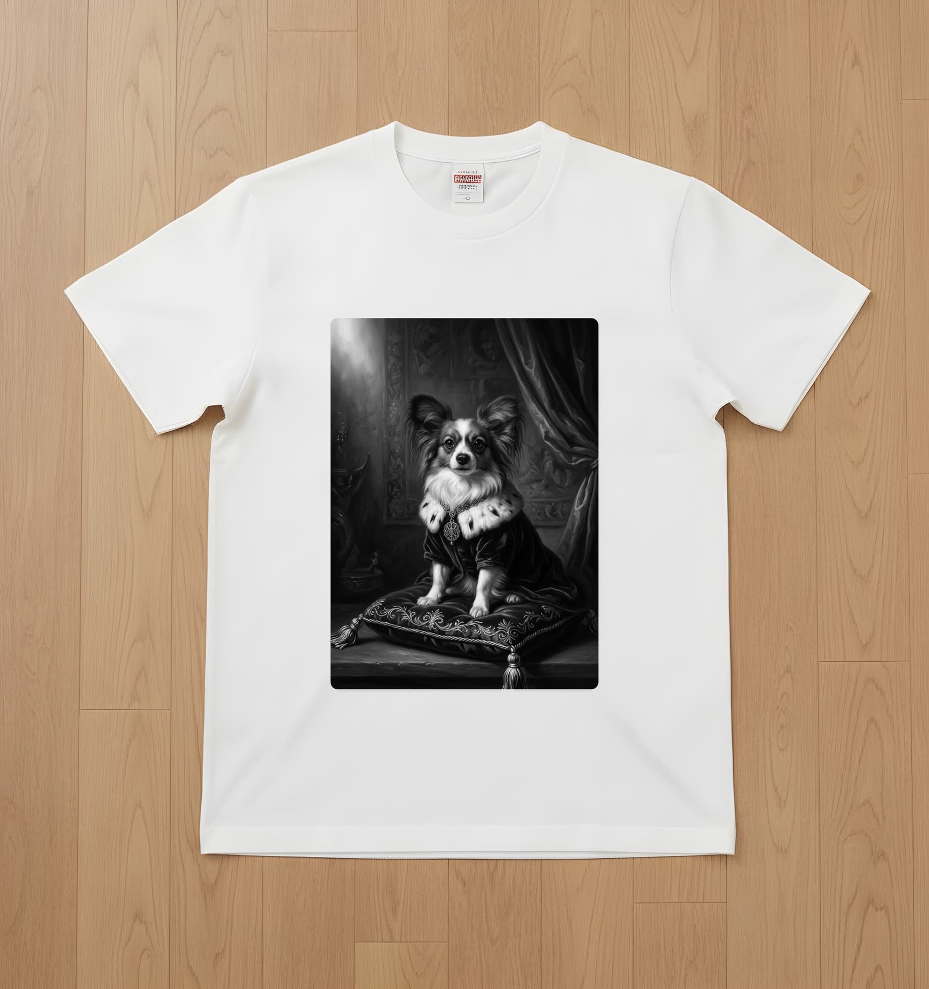 パピヨンのルネサンス肖像画Tシャツ(ホワイト・モノクロプリント・額縁なし)
