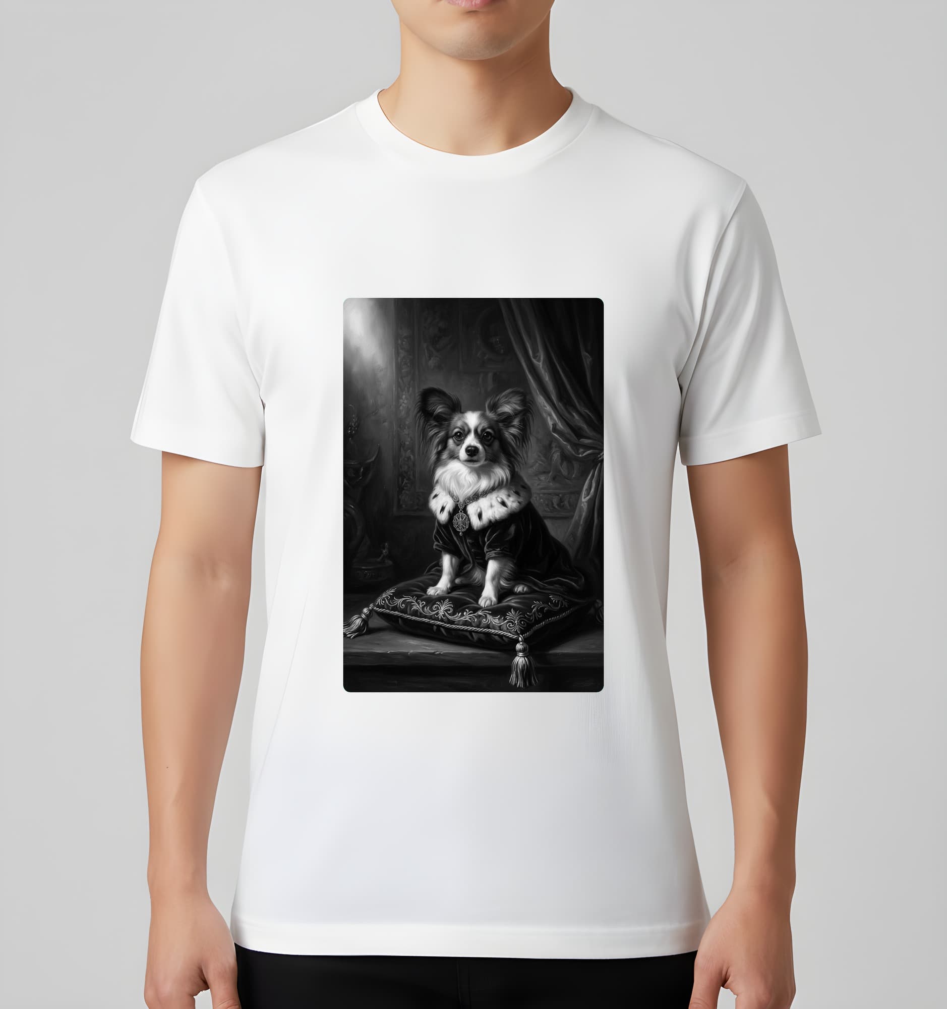 パピヨンのルネサンス肖像画Tシャツ(ホワイト・モノクロプリント・額縁なし) 3