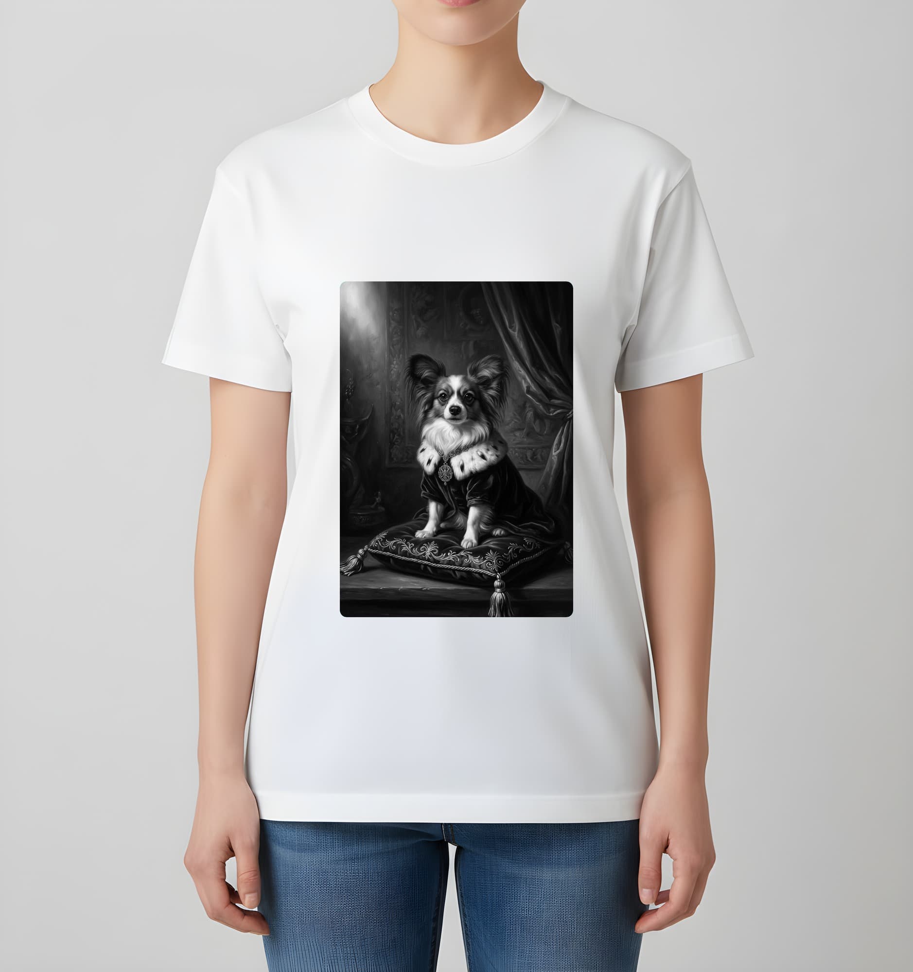 パピヨンのルネサンス肖像画Tシャツ(ホワイト・モノクロプリント・額縁なし) 4
