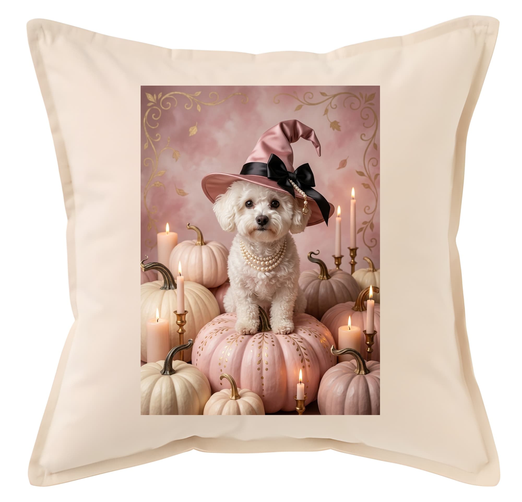 ビションフリーゼのかぼちゃとキャンドルの油絵風アートハロウィンクッション