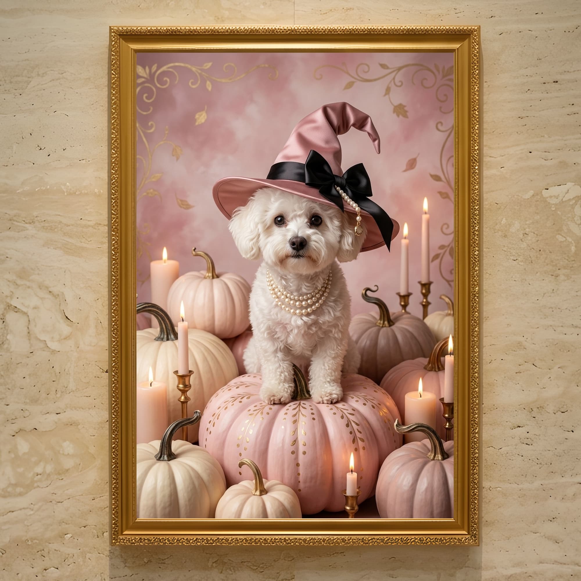 bichon frise Pumpkin & Candlelight Oil-Painting Halloween Framed Art Print (A3)