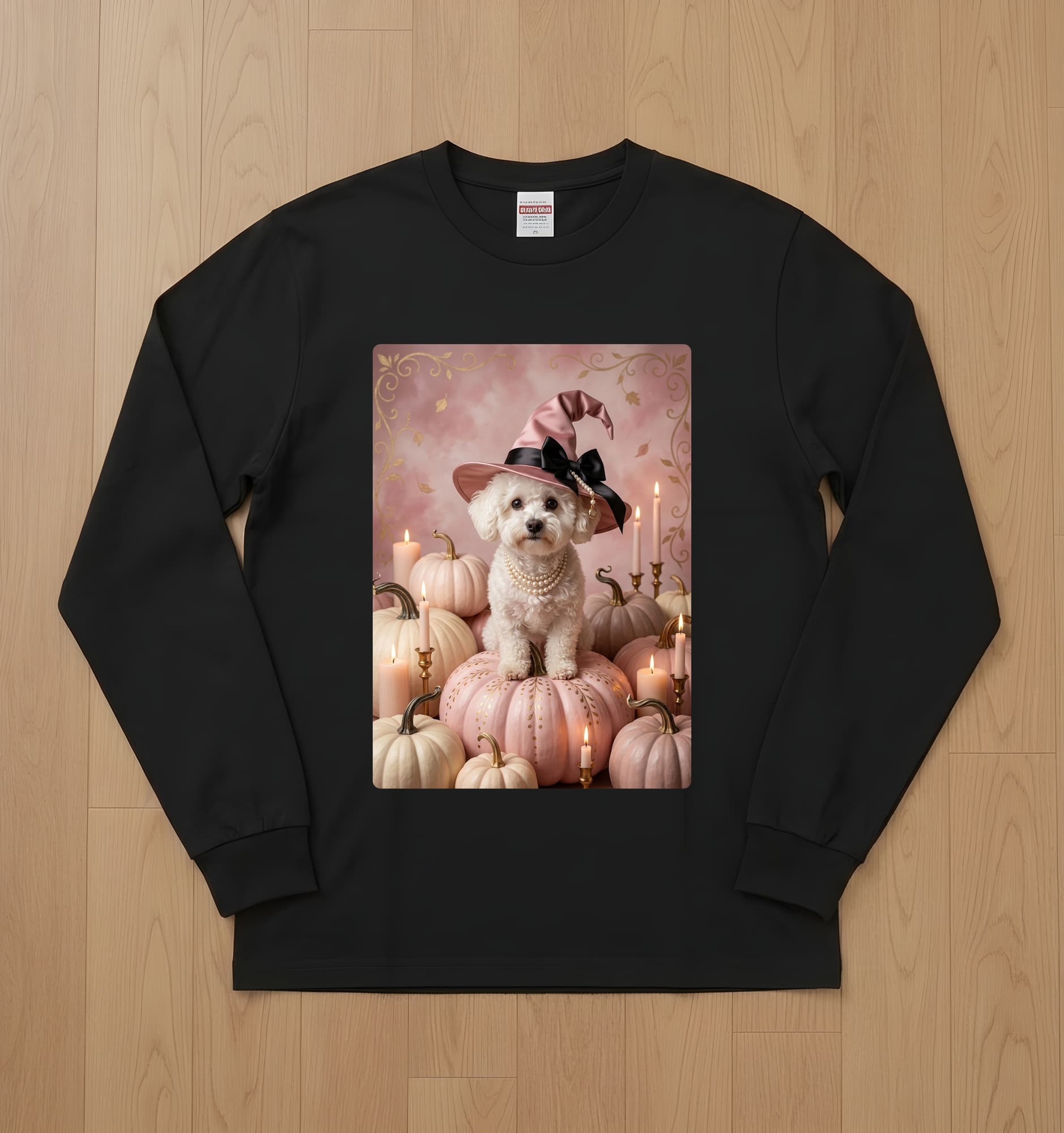 ビションフリーゼのかぼちゃとキャンドルの油絵風アートハロウィン長袖Tシャツ(ブラック)