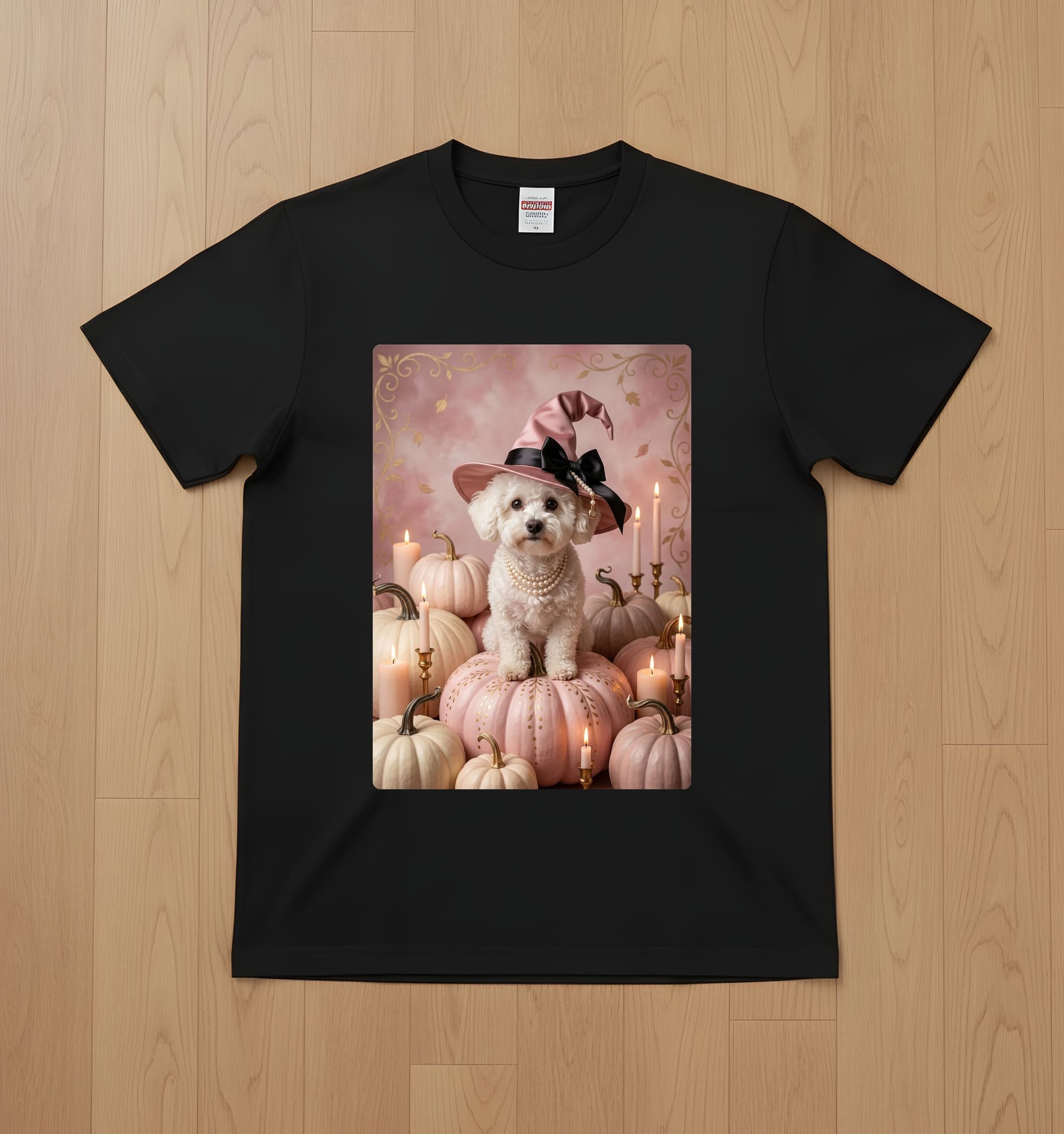ビションフリーゼのかぼちゃとキャンドルの油絵風アートハロウィンTシャツ(ブラック)