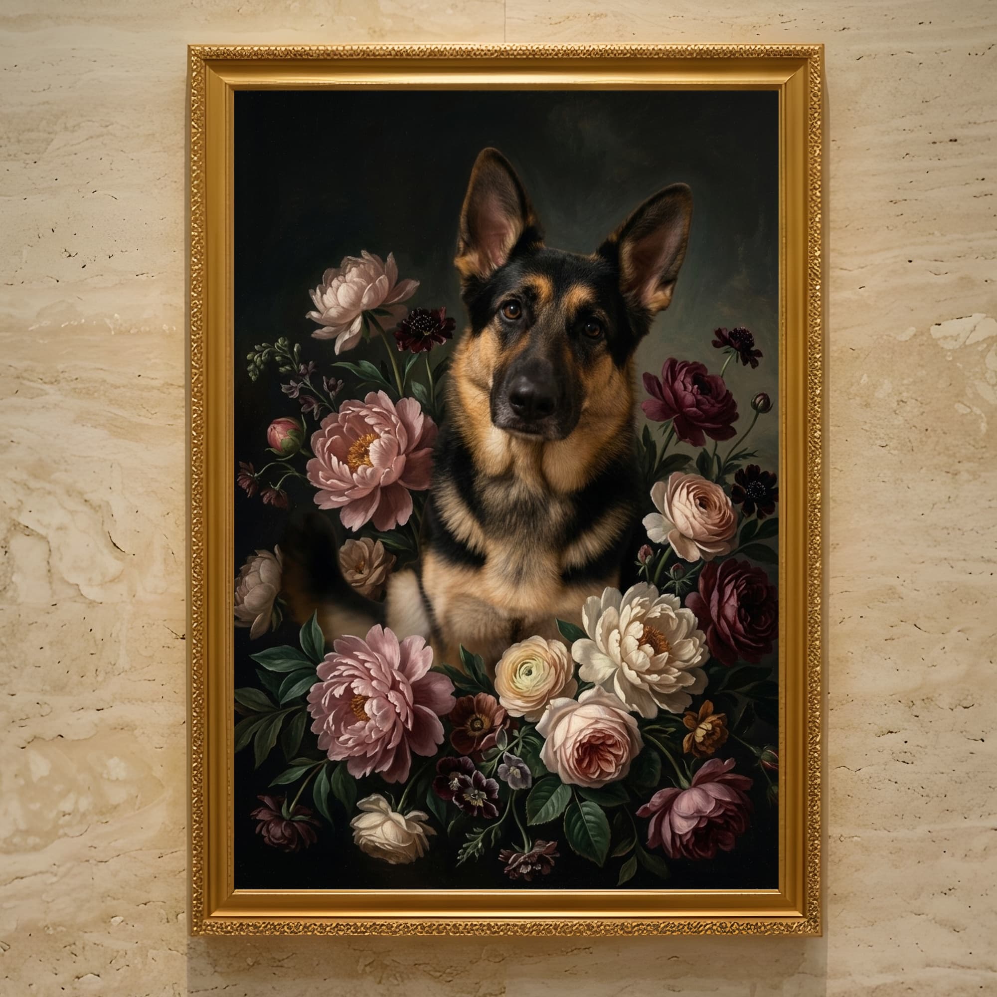 ジャーマンシェパードの花の油絵風アート花柄額装プリント(A4サイズ)