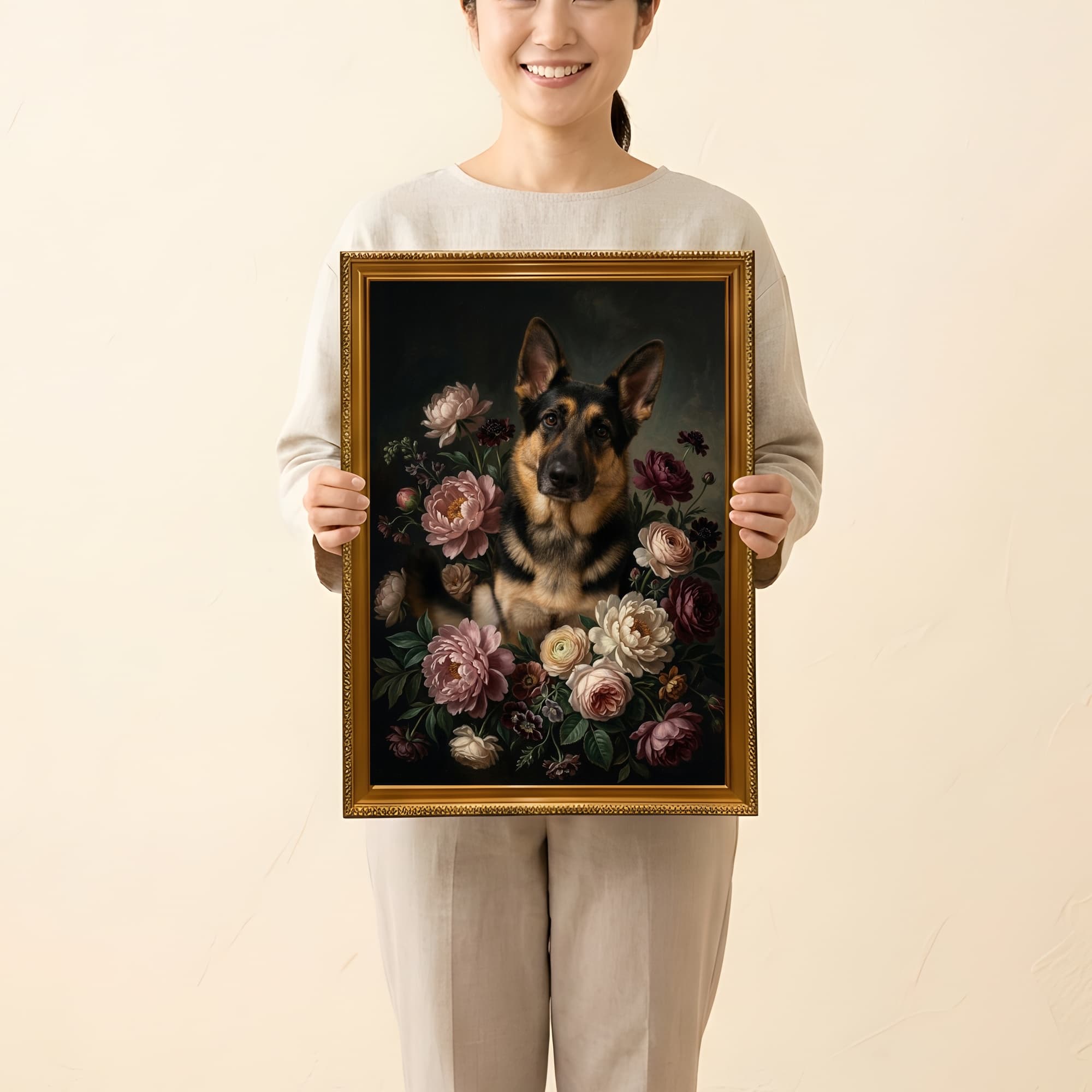 ジャーマンシェパードの花の油絵風アート花柄額装プリント(A4サイズ) 2