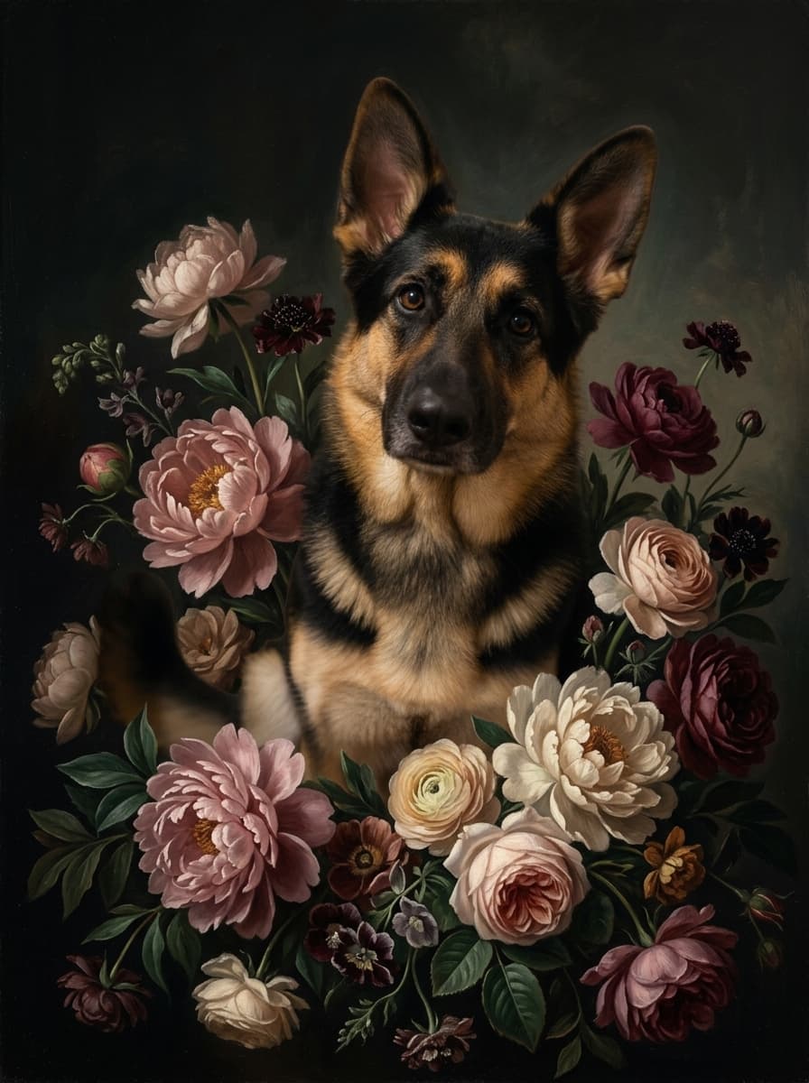ジャーマンシェパードの花の油絵風アート花柄額装プリント(A4サイズ) 4