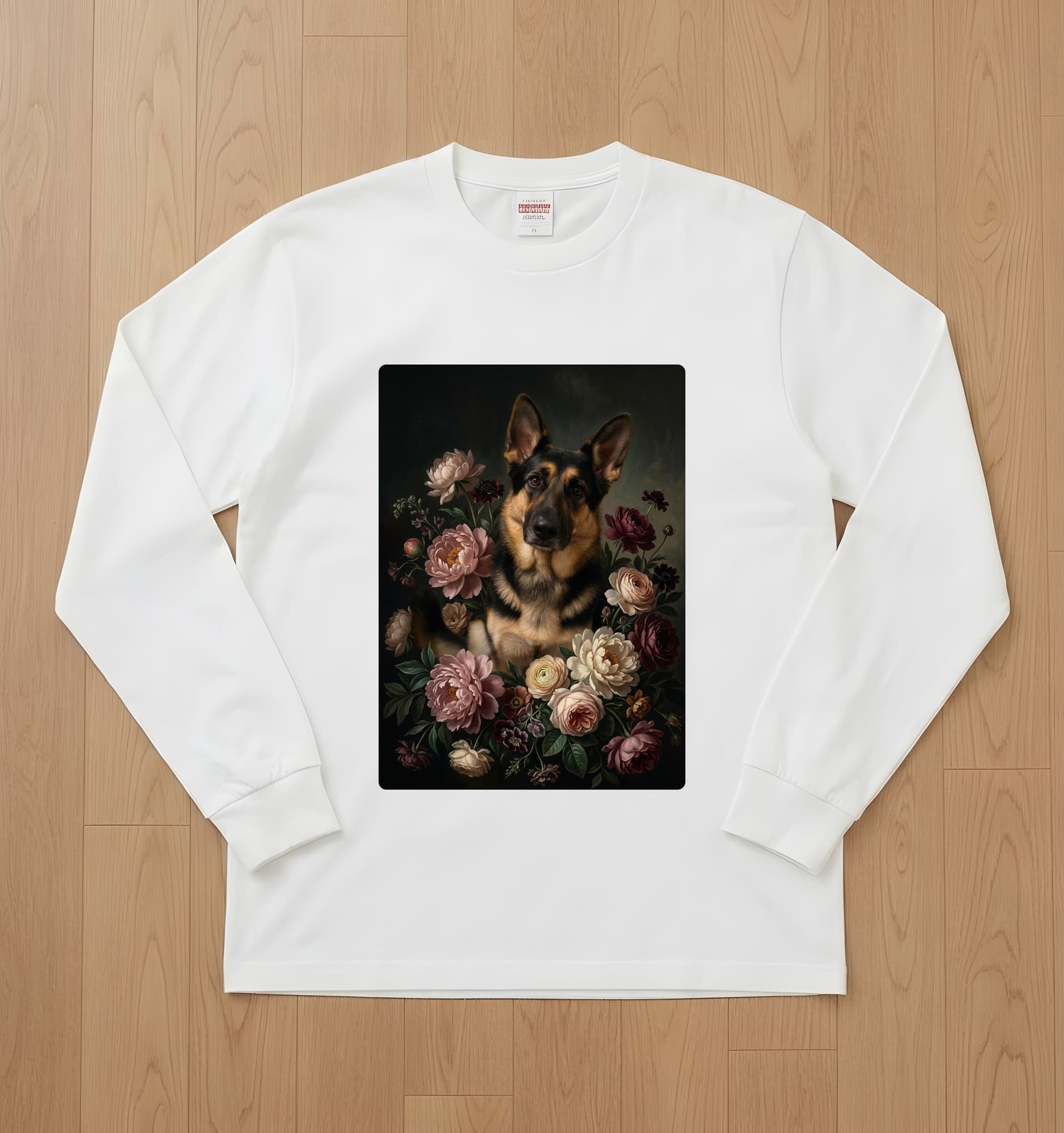 German shepherd Floral Oil-Painting Floral Long Sleeve T-Shirt (White)
