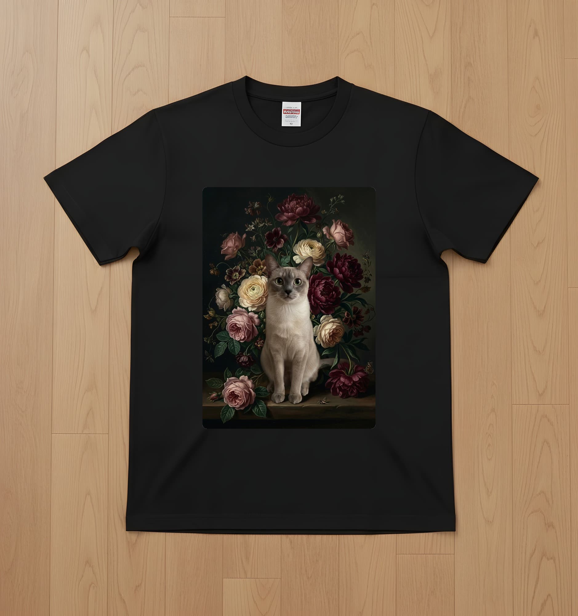バーミーズの花の油絵風アート花柄Tシャツ(ブラック)