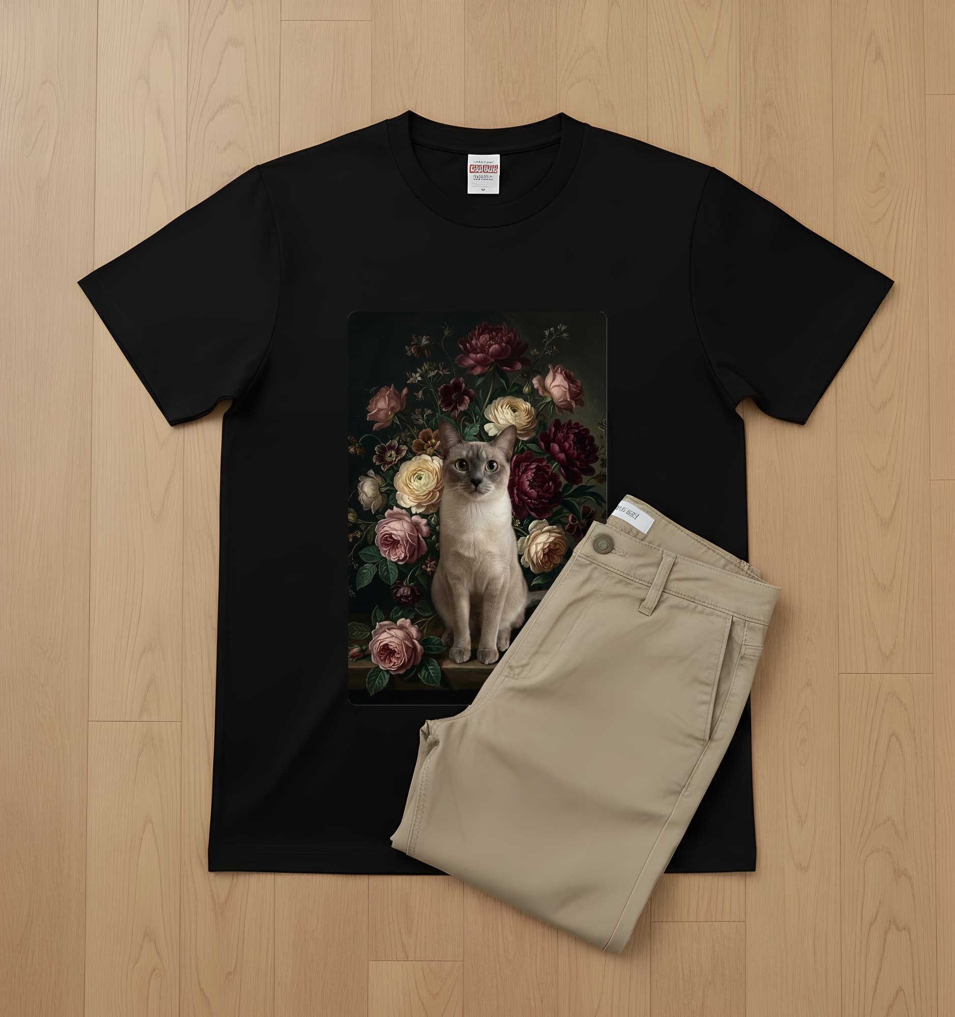 バーミーズの花の油絵風アート花柄Tシャツ(ブラック) 2